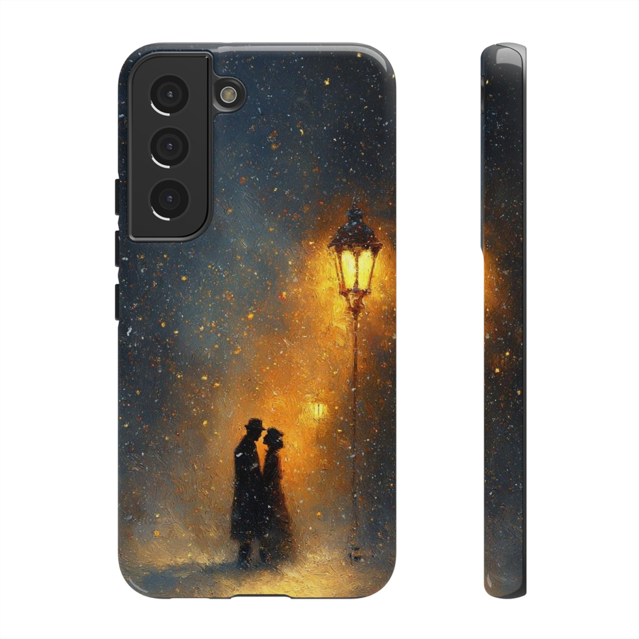 Romantic Snowy Street Phone Case — Vintage Couple Under Lamplight🌓🌙