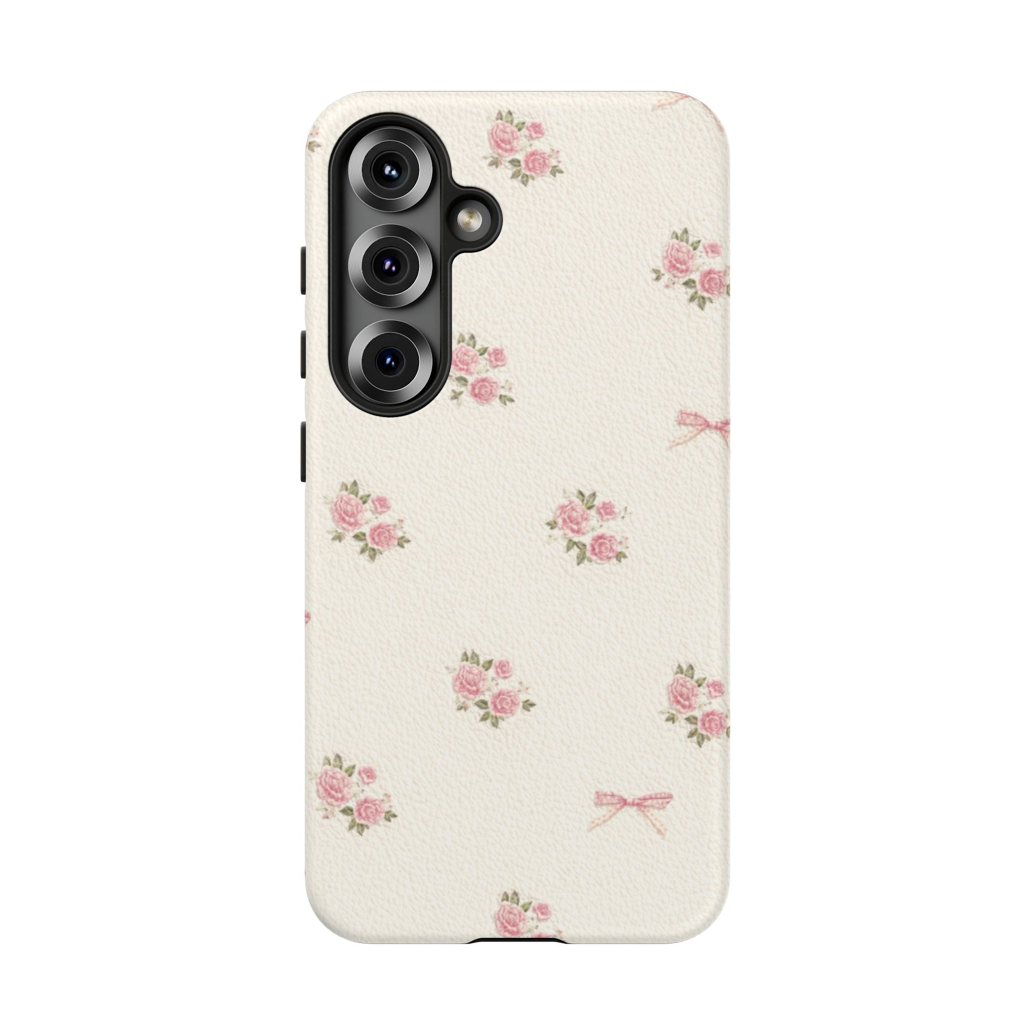 Floral Bow Tough Phone Case — Vintage Pink Rose Pattern🌷🎀