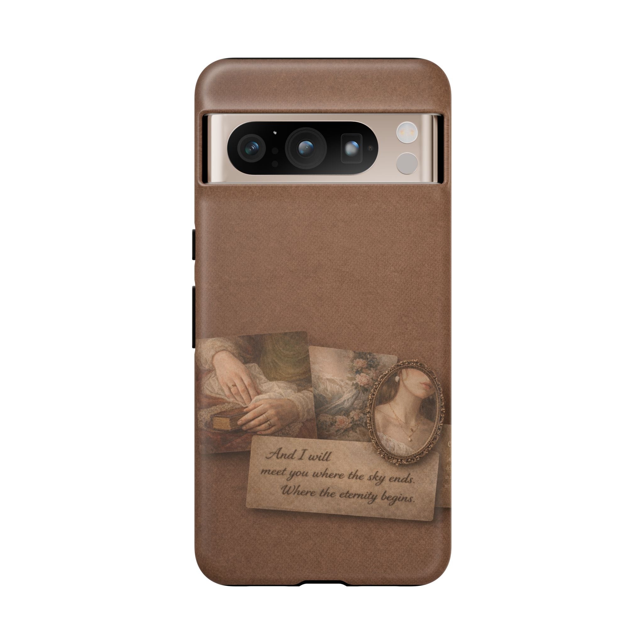 Vintage Brown Phone Case with Romantic Collage — "And I saw you where the sky ends"🌙
