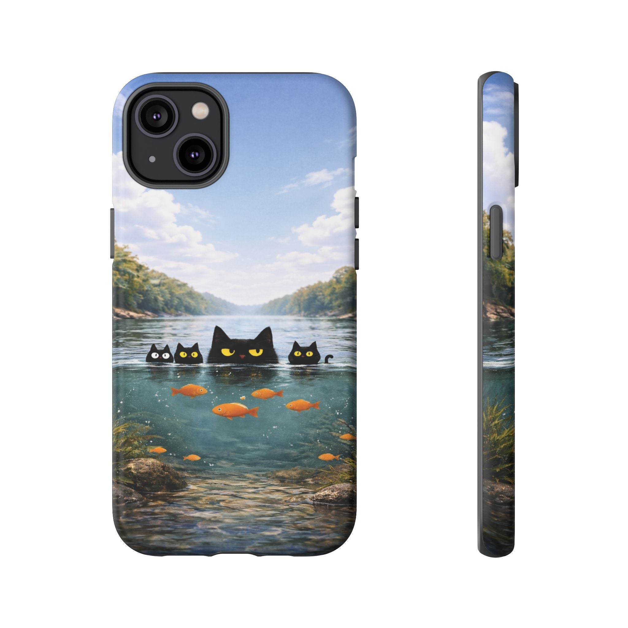 Cat Lake Tough Phone Case — Black Cats & Goldfish Scenic Protective Cover🐶🐾