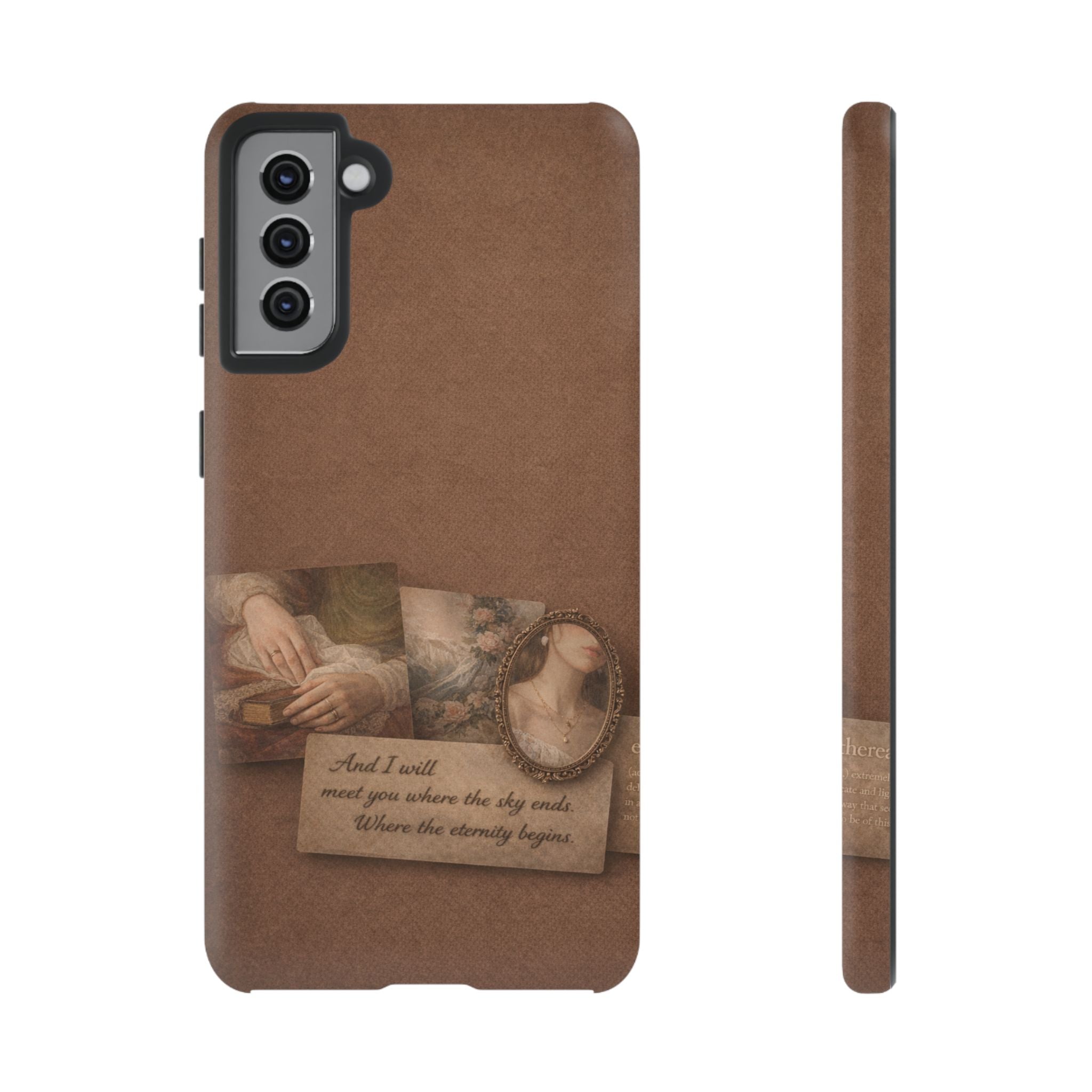 Vintage Brown Phone Case with Romantic Collage — "And I saw you where the sky ends"🌙