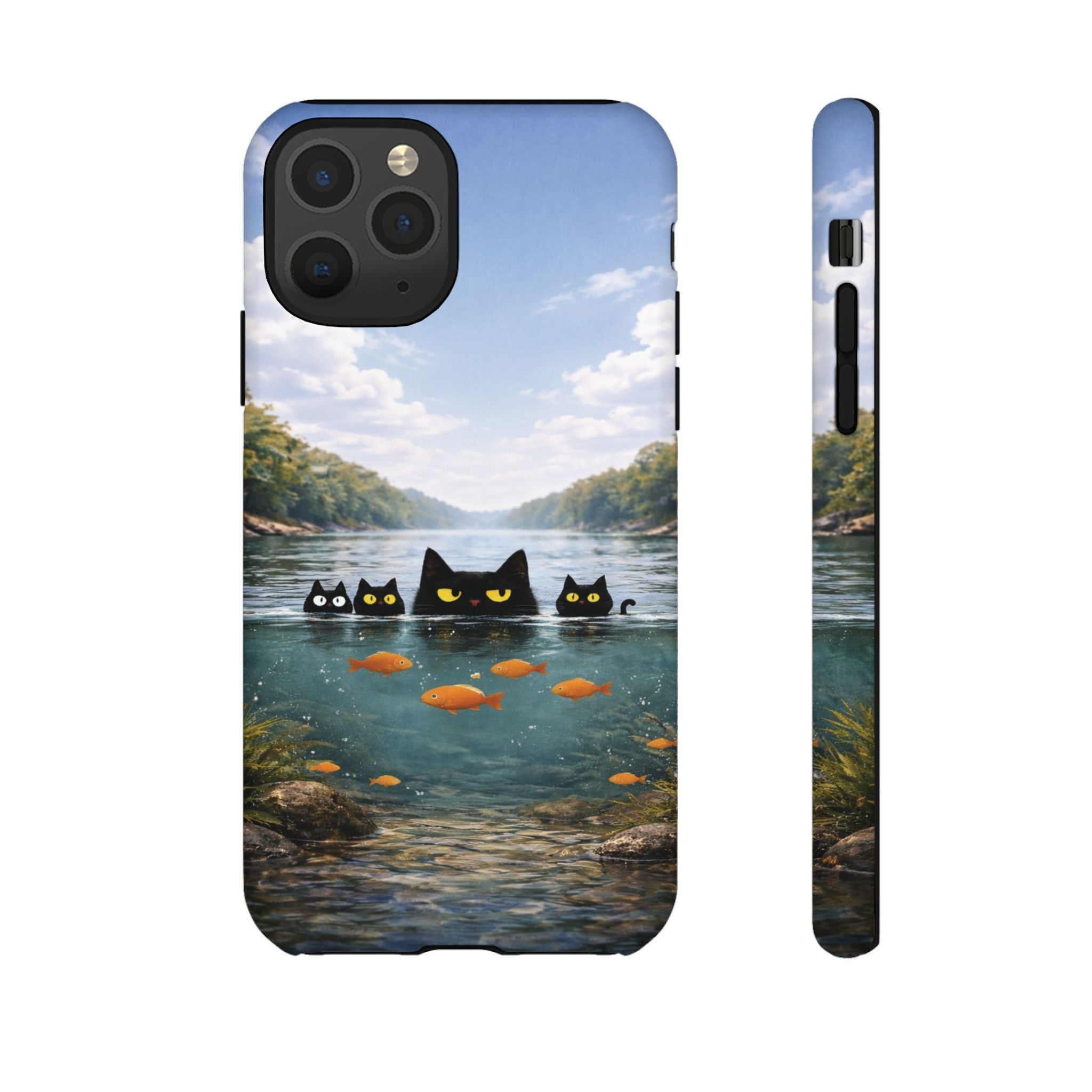 Cat Lake Tough Phone Case — Black Cats & Goldfish Scenic Protective Cover🐶🐾
