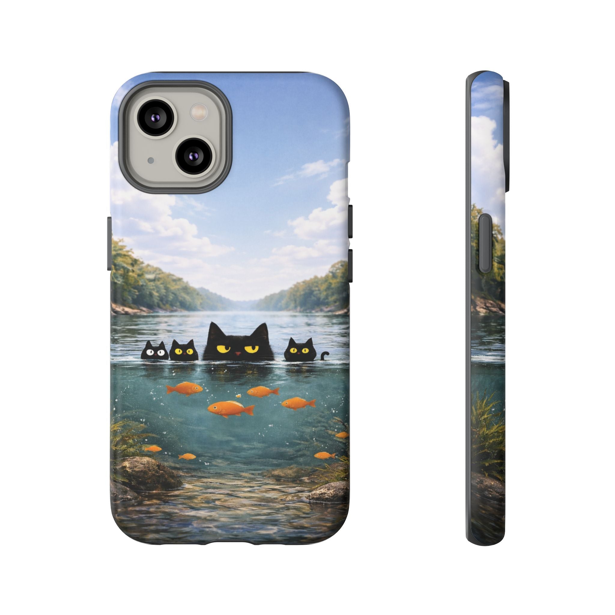 Cat Lake Tough Phone Case — Black Cats & Goldfish Scenic Protective Cover🐶🐾