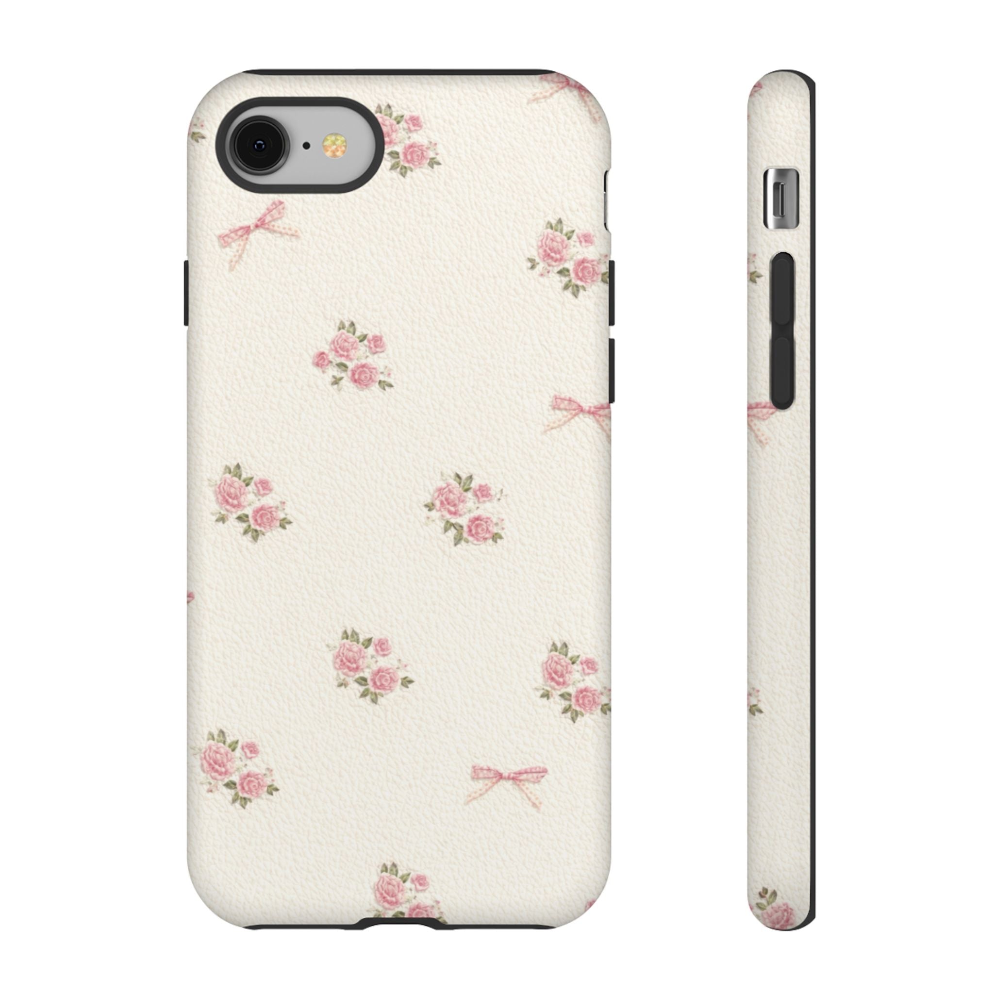 Floral Bow Tough Phone Case — Vintage Pink Rose Pattern🌷🎀