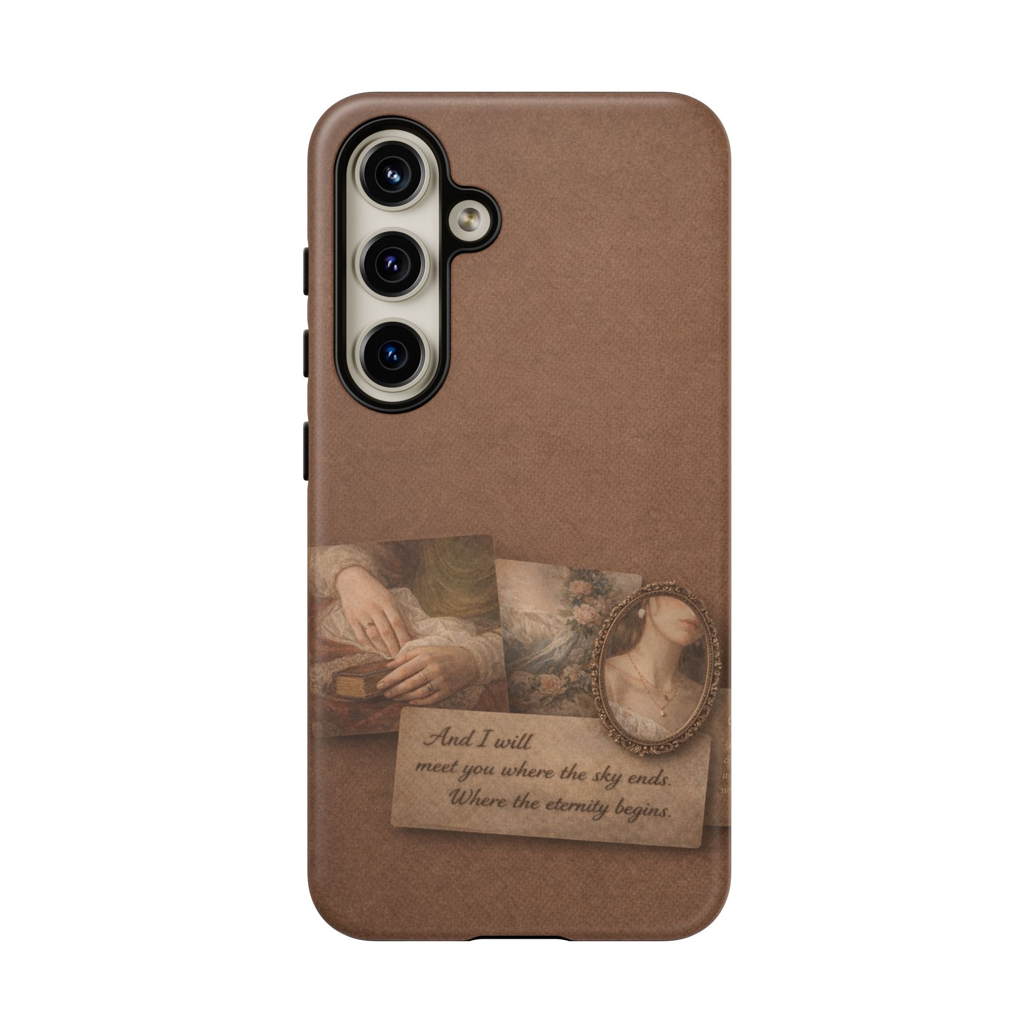 Vintage Brown Phone Case with Romantic Collage — "And I saw you where the sky ends"🌙