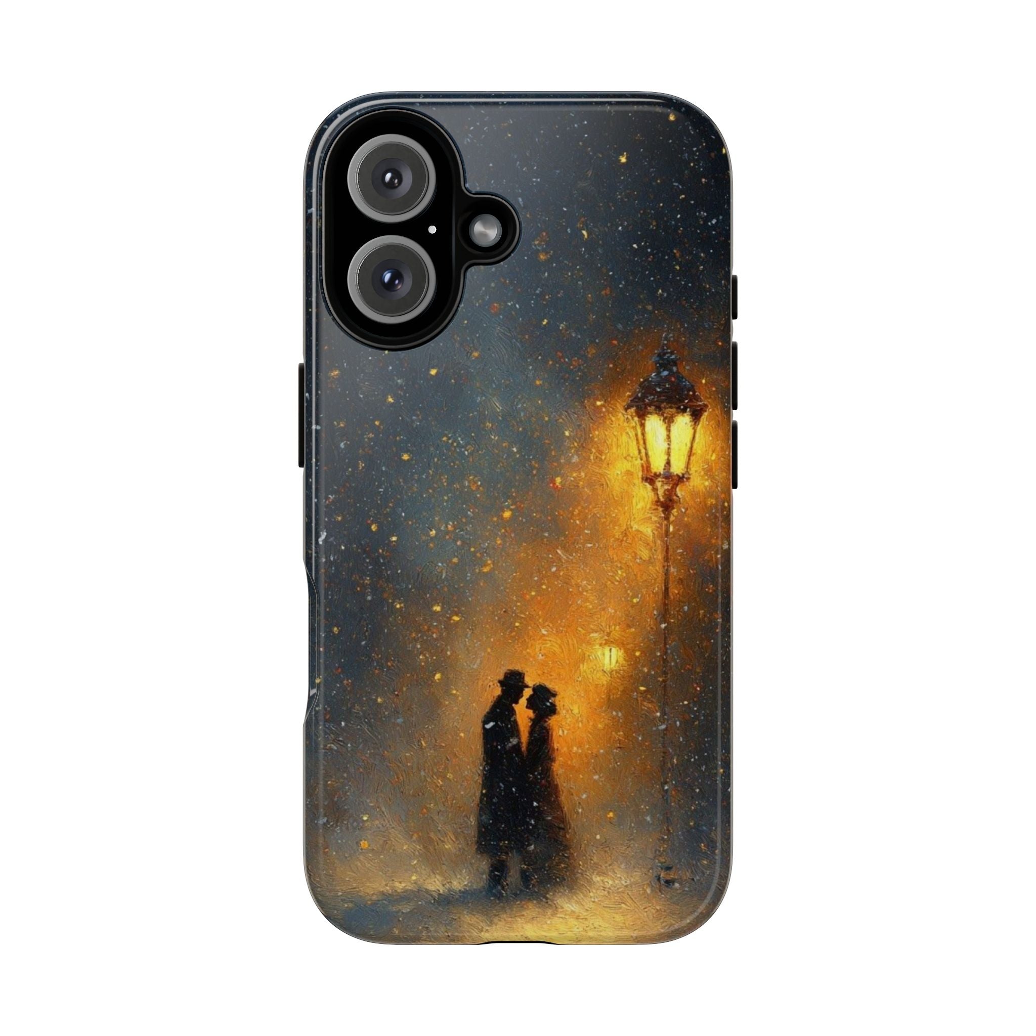 Romantic Snowy Street Phone Case — Vintage Couple Under Lamplight🌓🌙