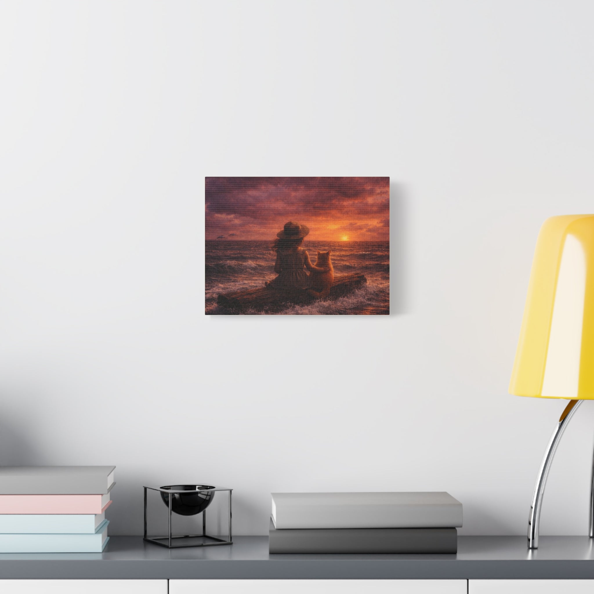 Quiet Companionship at Sunset – Girl & Cat Canvas Wall Art (Matte Stretched) 🌅
