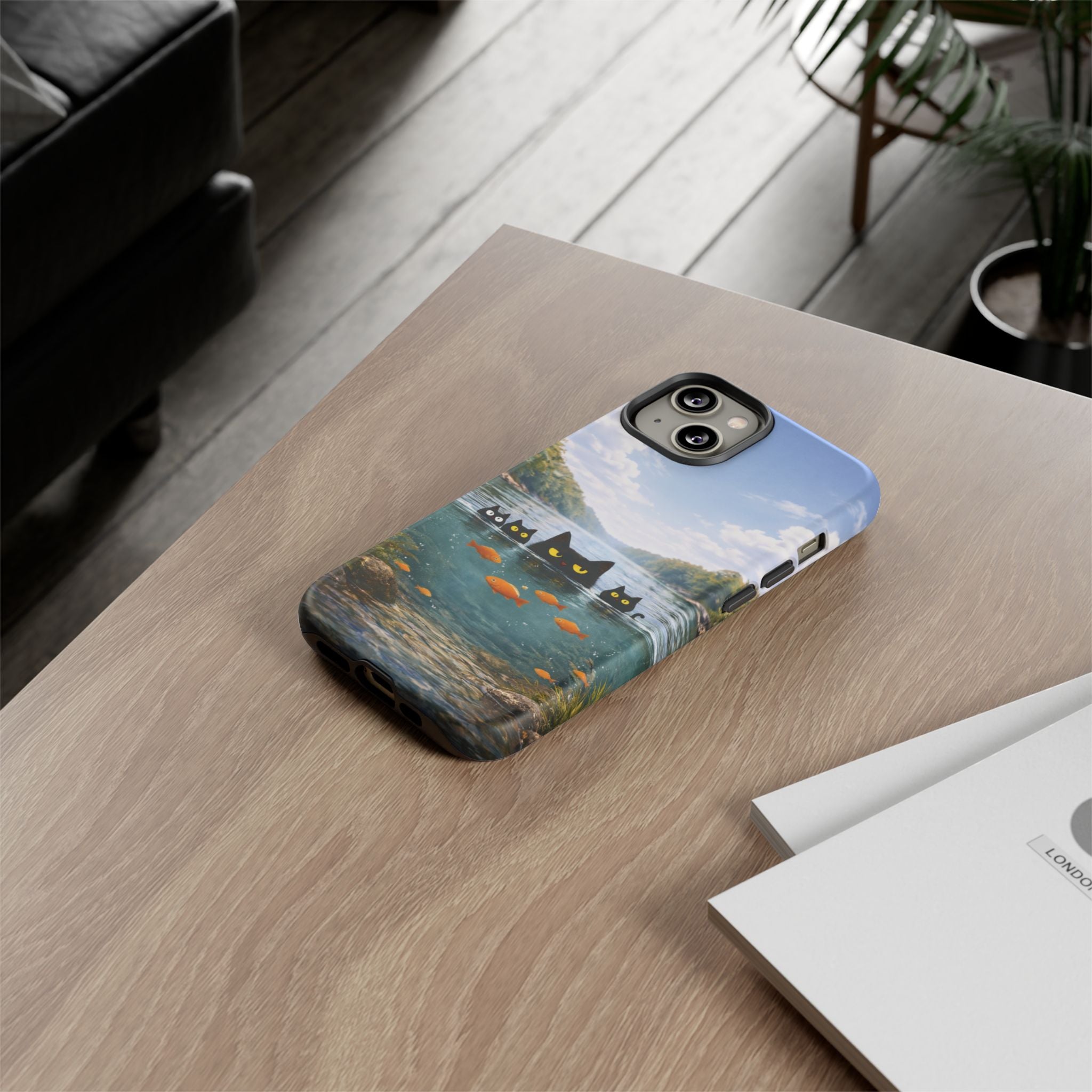 Cat Lake Tough Phone Case — Black Cats & Goldfish Scenic Protective Cover🐶🐾