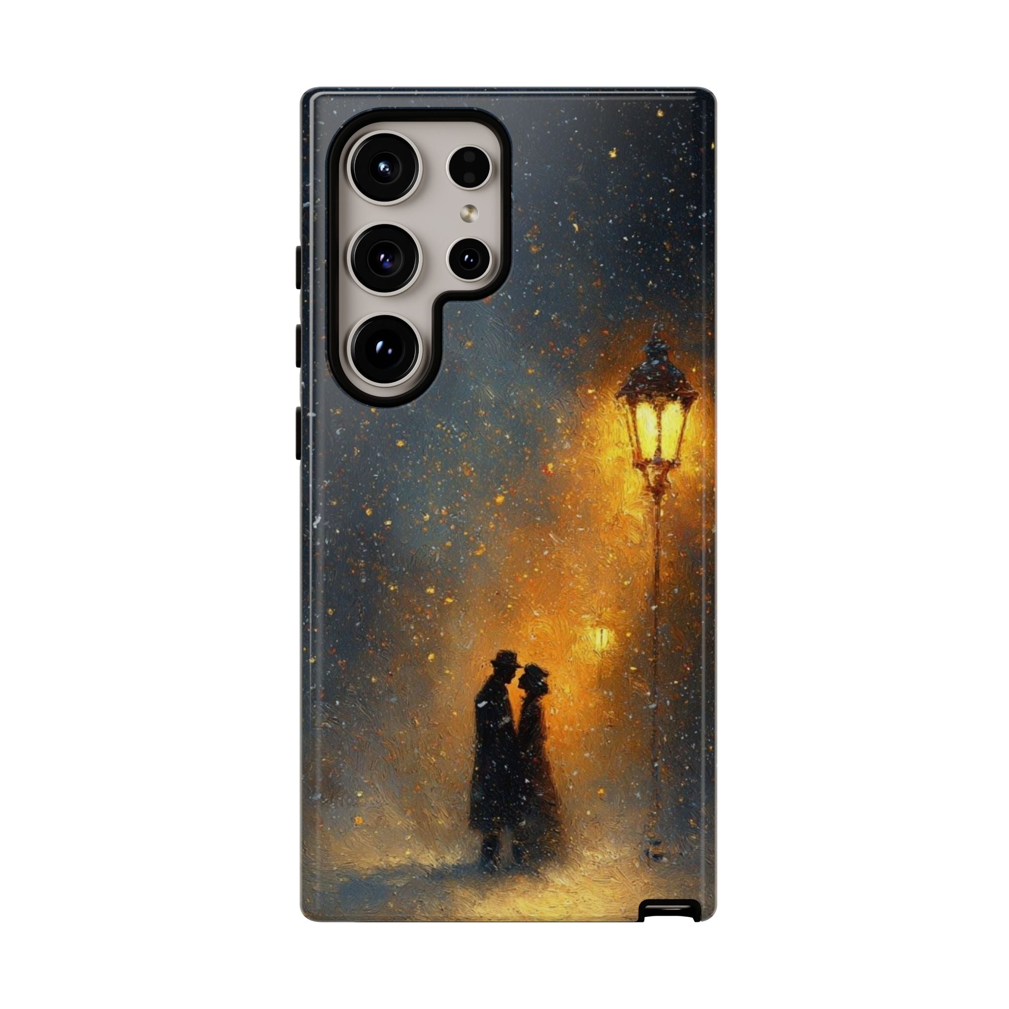 Romantic Snowy Street Phone Case — Vintage Couple Under Lamplight🌓🌙