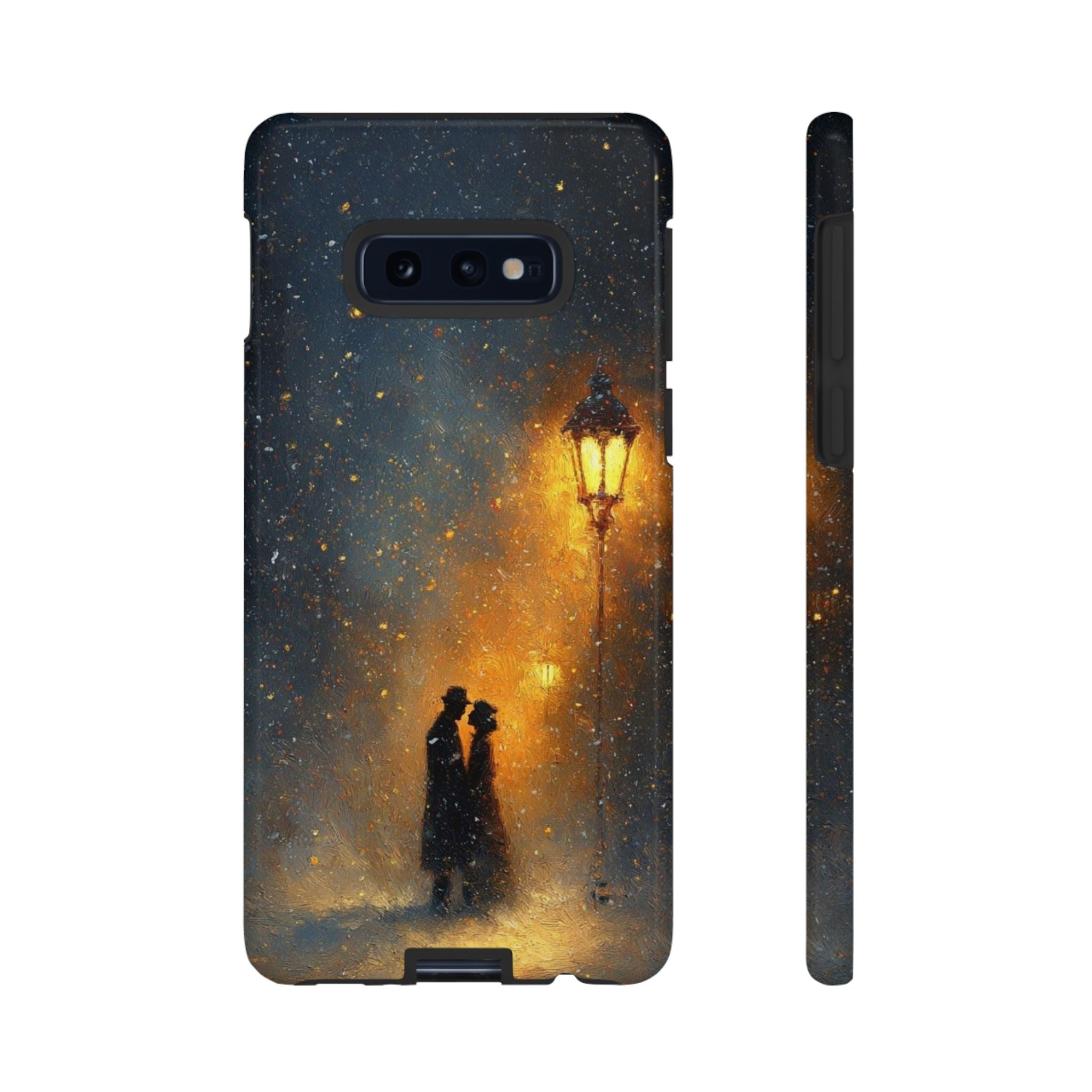 Romantic Snowy Street Phone Case — Vintage Couple Under Lamplight🌓🌙