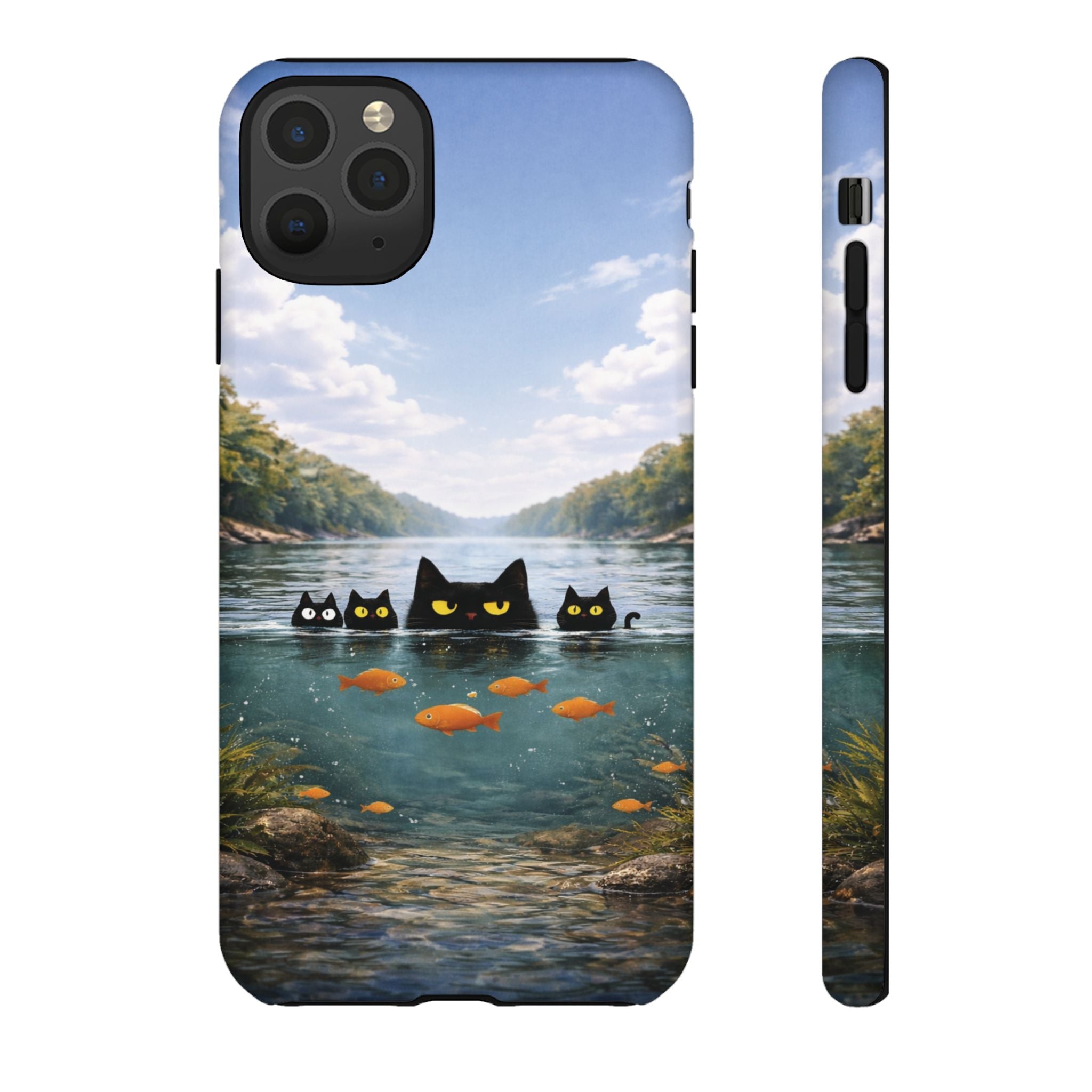 Cat Lake Tough Phone Case — Black Cats & Goldfish Scenic Protective Cover🐶🐾