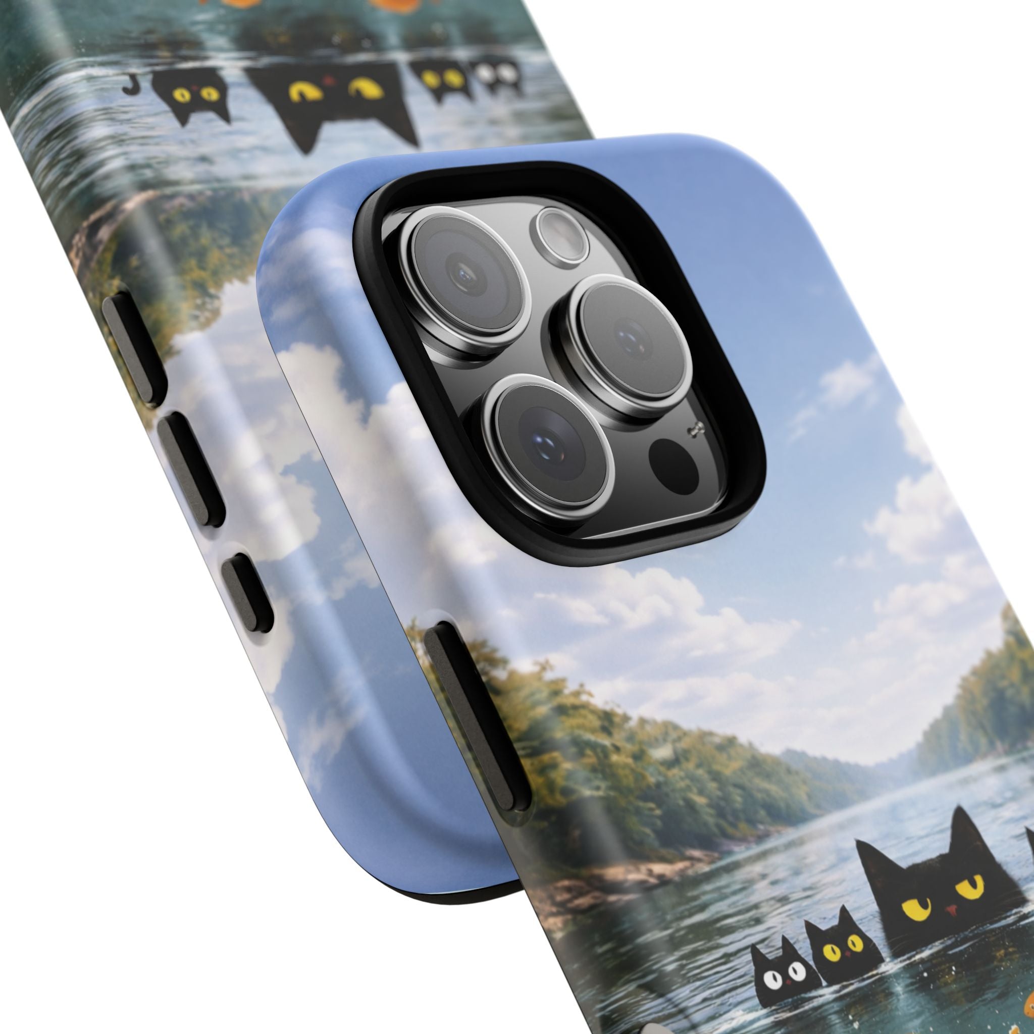 Cat Lake Tough Phone Case — Black Cats & Goldfish Scenic Protective Cover🐶🐾