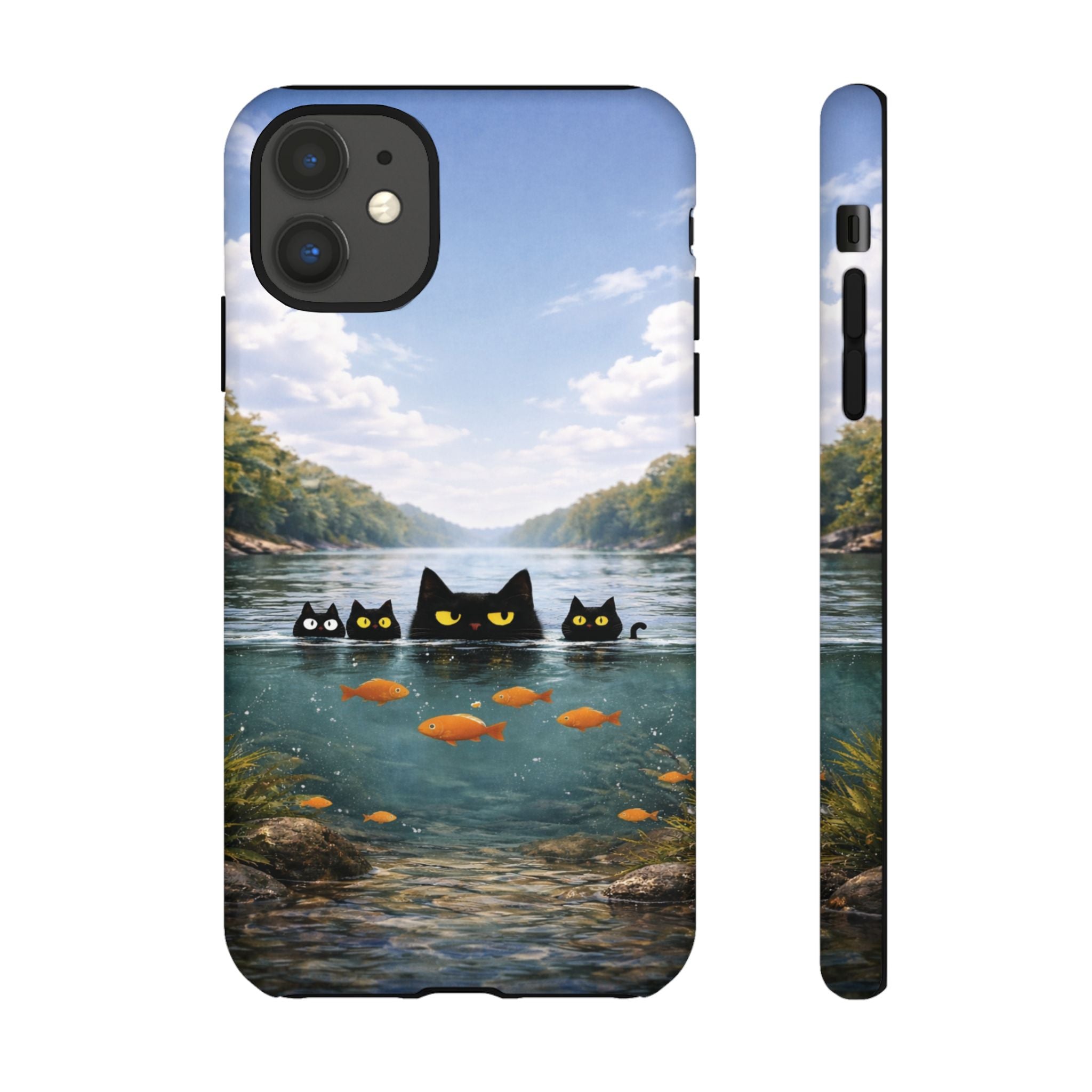 Cat Lake Tough Phone Case — Black Cats & Goldfish Scenic Protective Cover🐶🐾