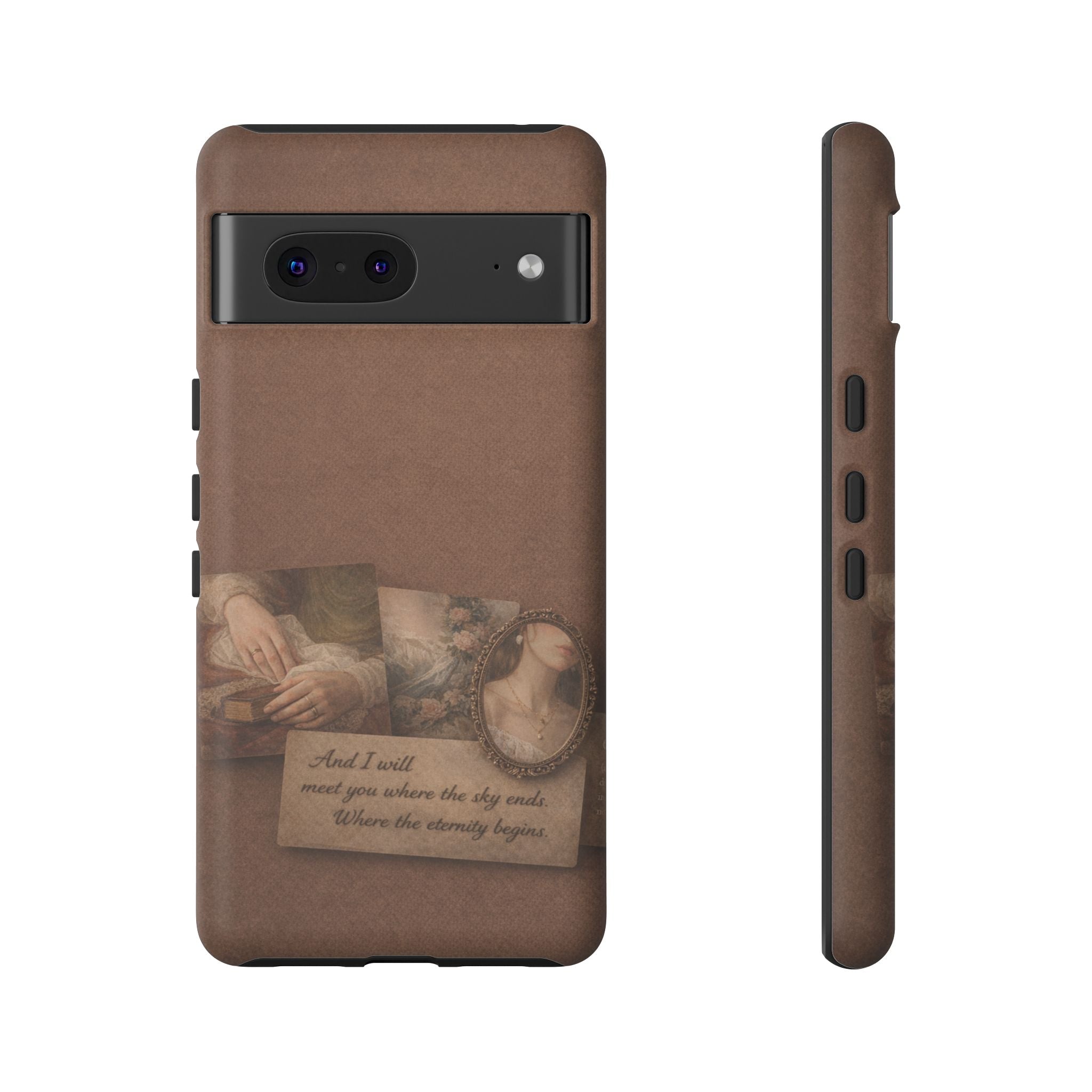Vintage Brown Phone Case with Romantic Collage — "And I saw you where the sky ends"🌙