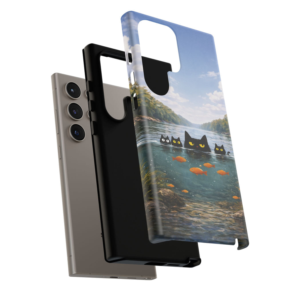 Cat Lake Tough Phone Case — Black Cats & Goldfish Scenic Protective Cover🐶🐾