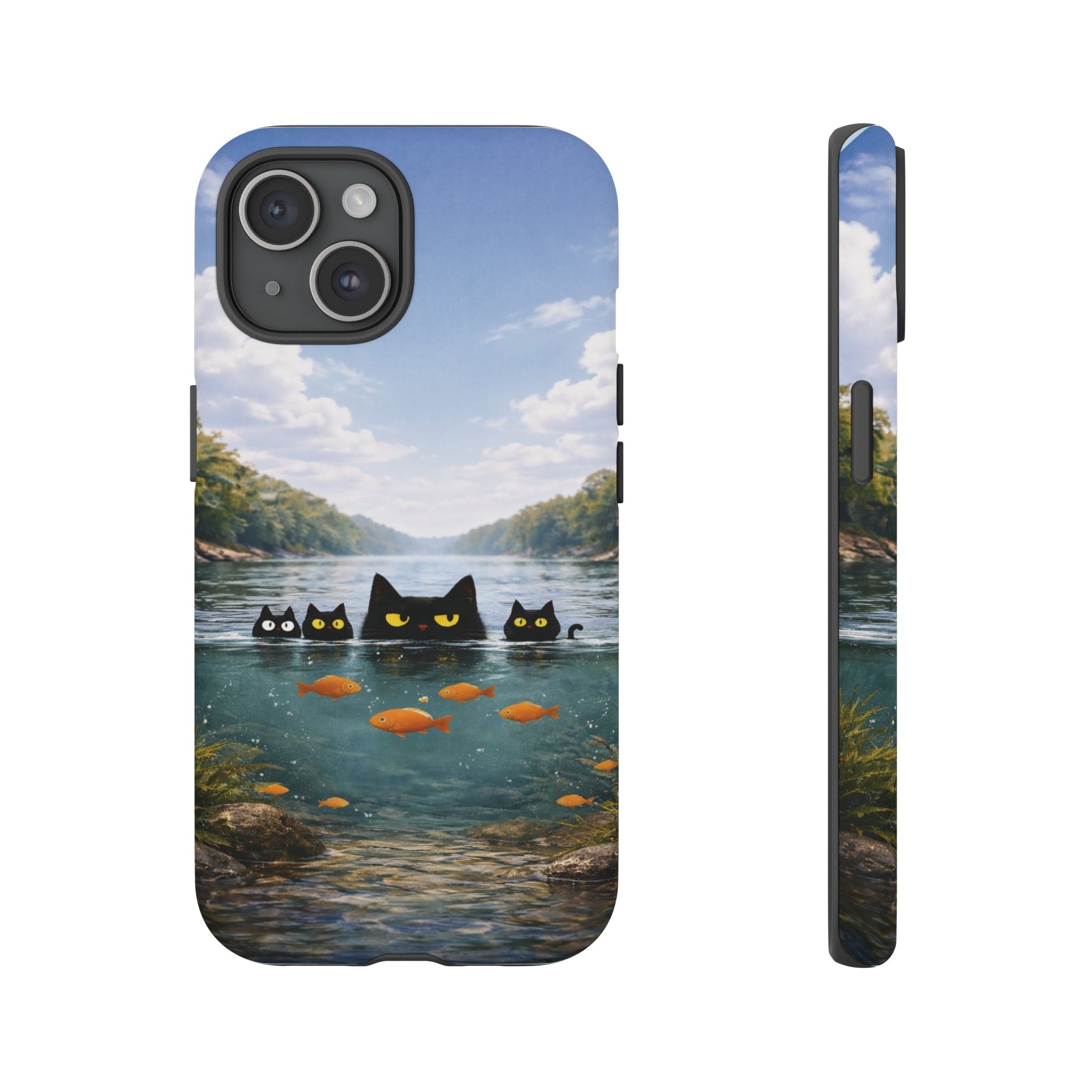 Cat Lake Tough Phone Case — Black Cats & Goldfish Scenic Protective Cover🐶🐾