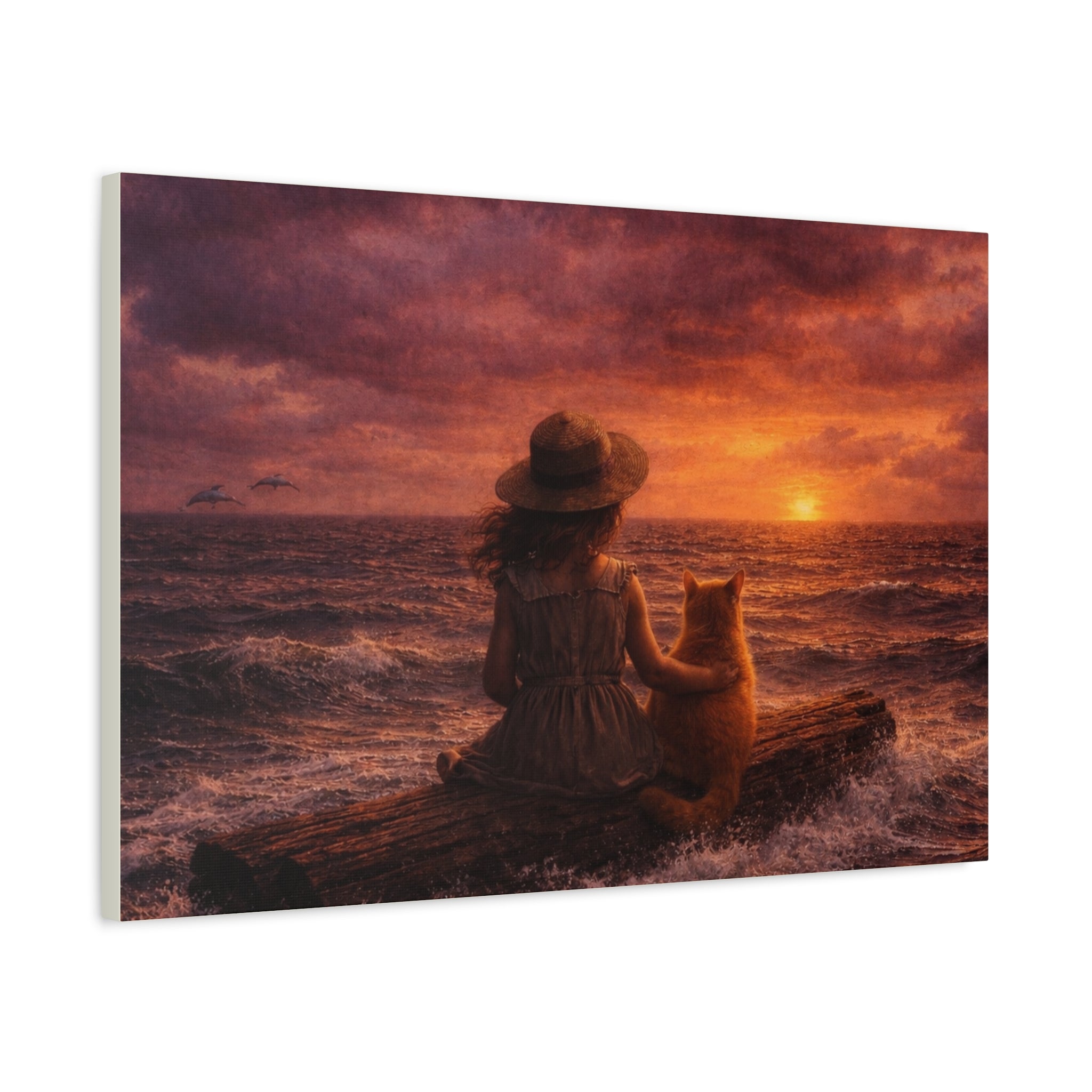 Quiet Companionship at Sunset – Girl & Cat Canvas Wall Art (Matte Stretched) 🌅