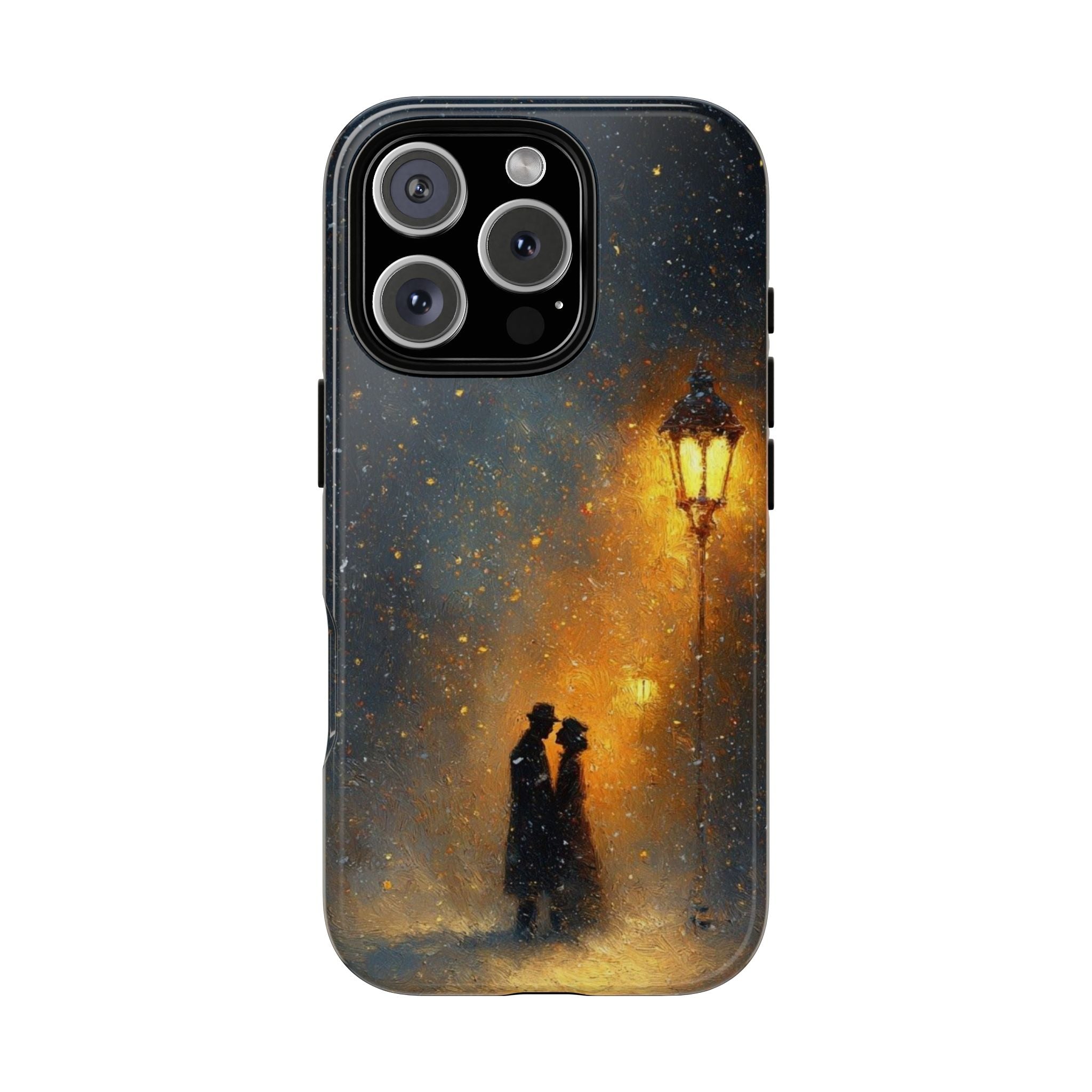 Romantic Snowy Street Phone Case — Vintage Couple Under Lamplight🌓🌙