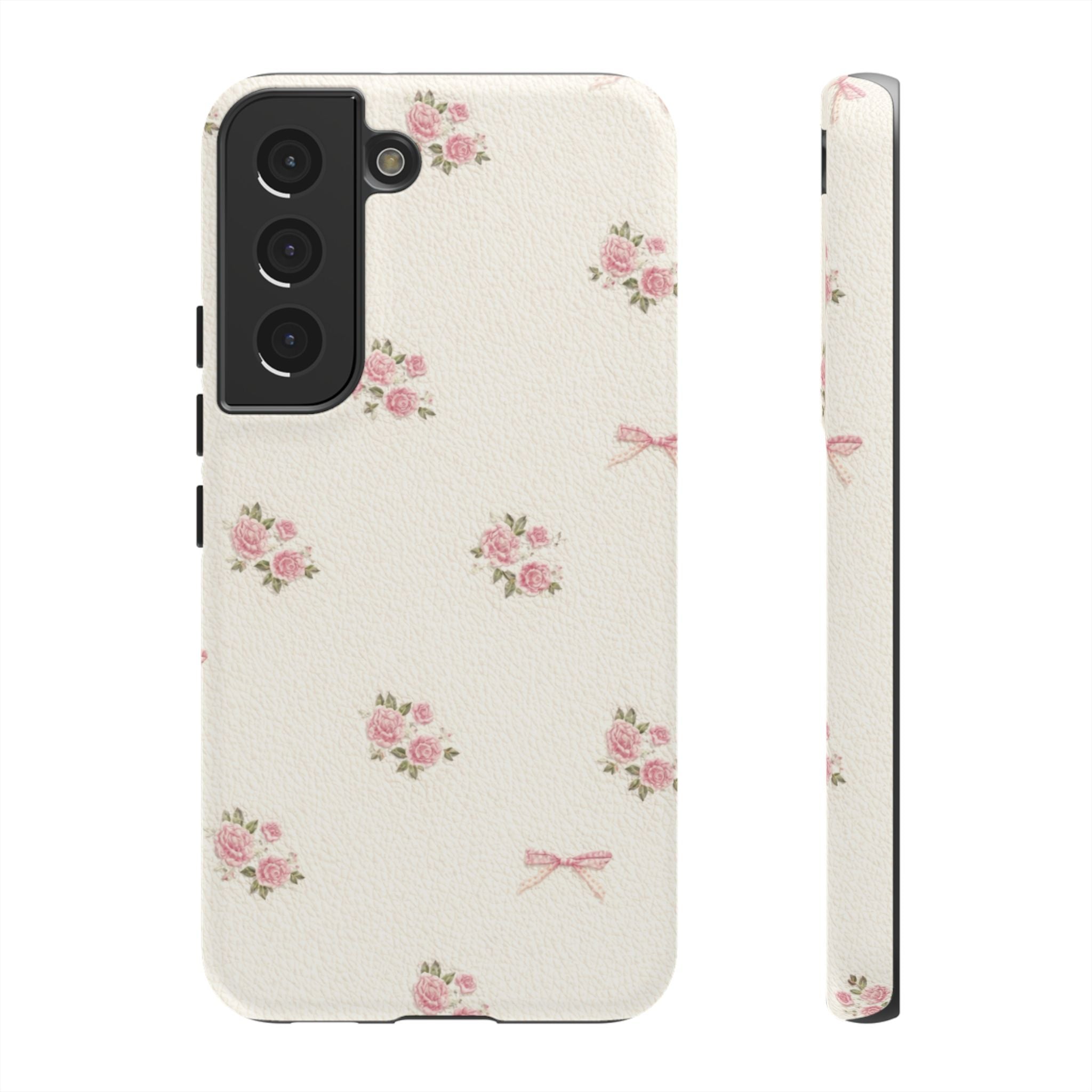 Floral Bow Tough Phone Case — Vintage Pink Rose Pattern🌷🎀