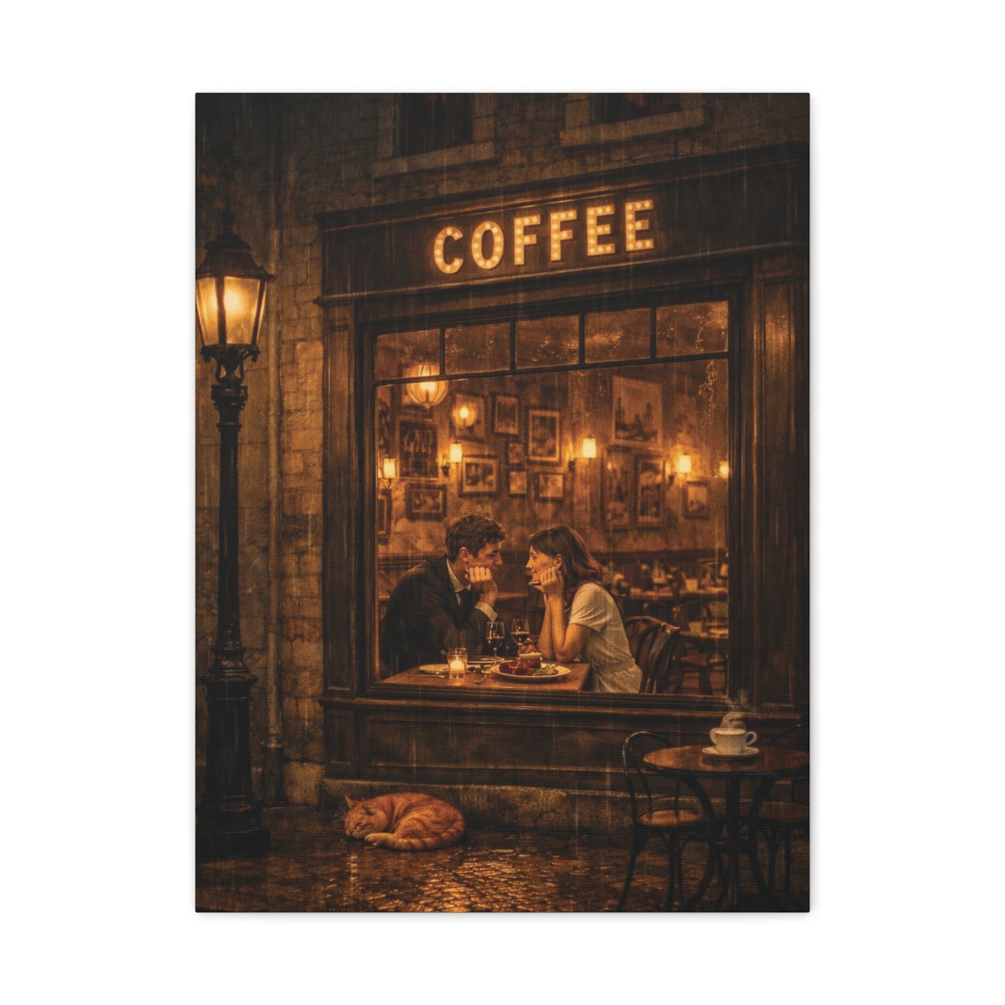 Coffee Shop Romance ☕🌧️ | Vintage Rainy Night Café Canvas Wall Art