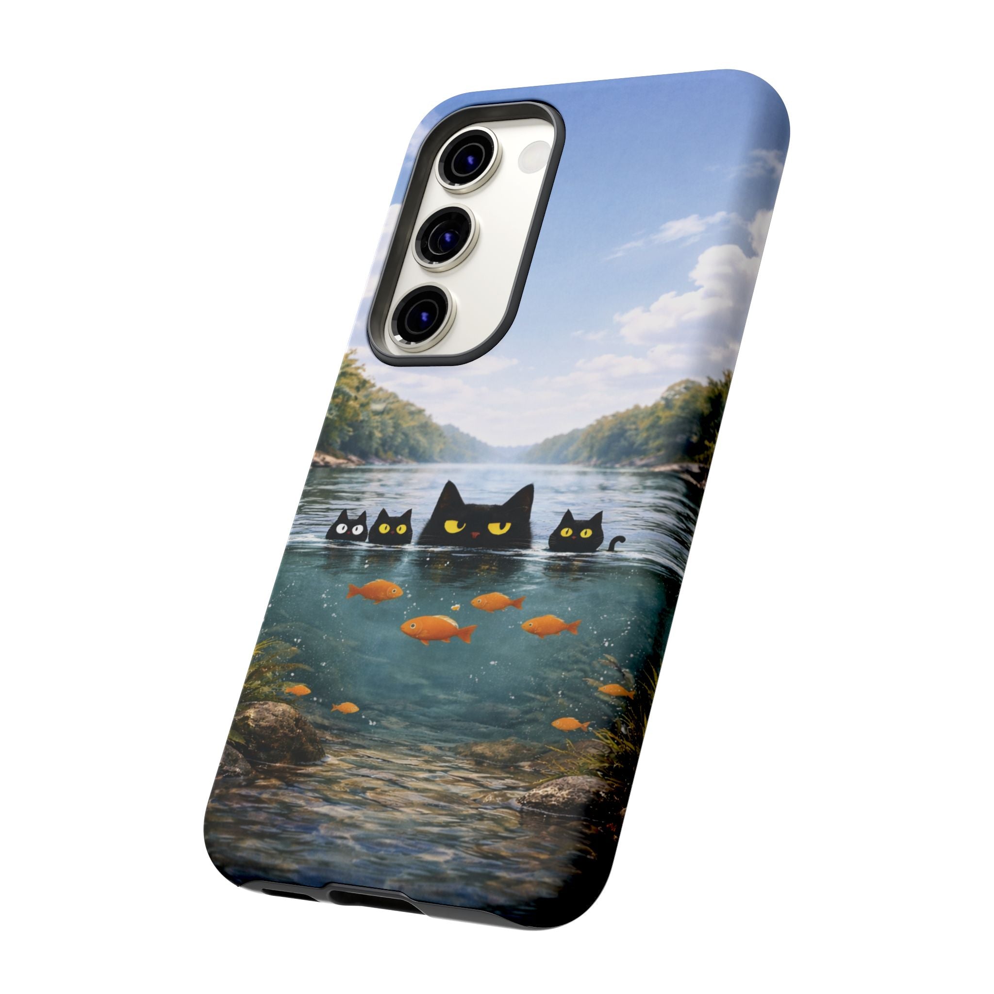 Cat Lake Tough Phone Case — Black Cats & Goldfish Scenic Protective Cover🐶🐾