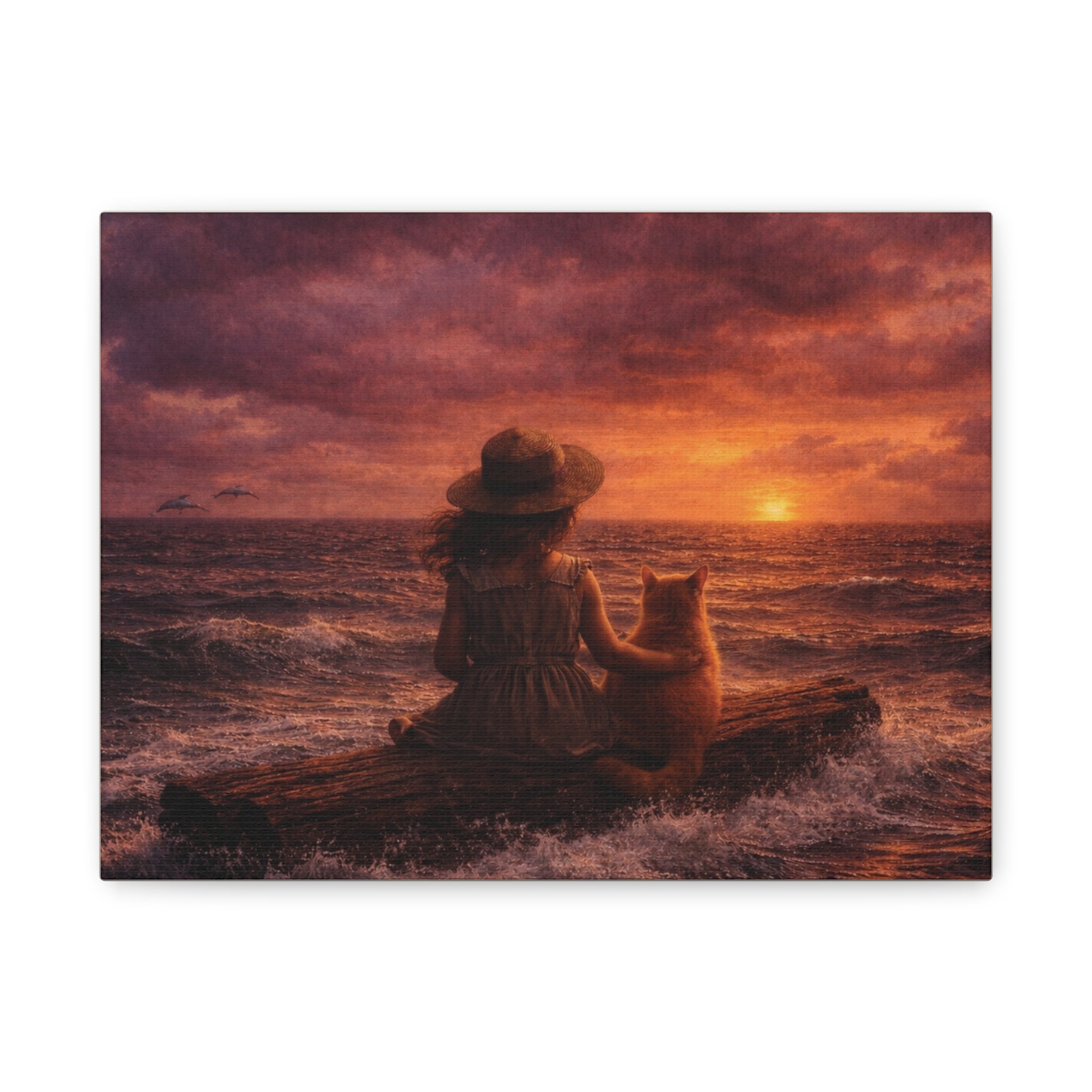Quiet Companionship at Sunset – Girl & Cat Canvas Wall Art (Matte Stretched) 🌅