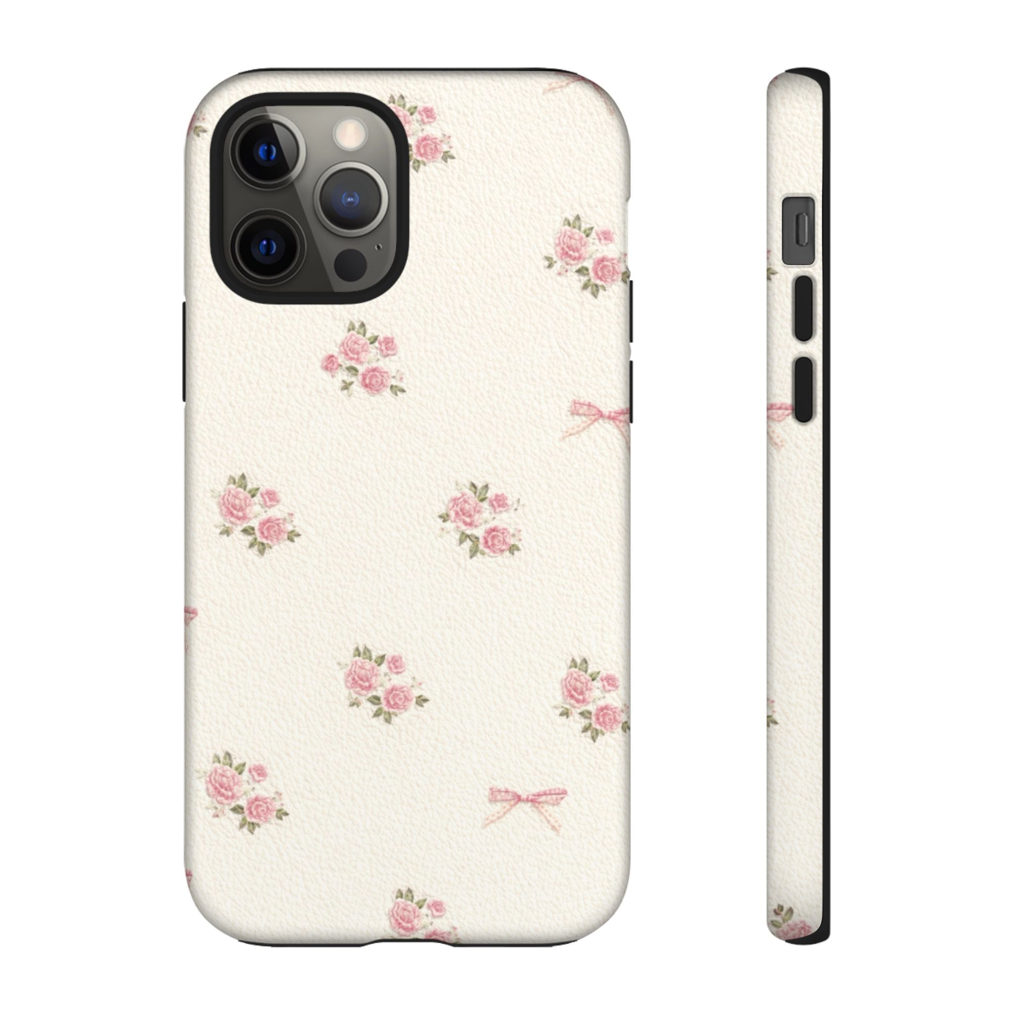 Floral Bow Tough Phone Case — Vintage Pink Rose Pattern🌷🎀