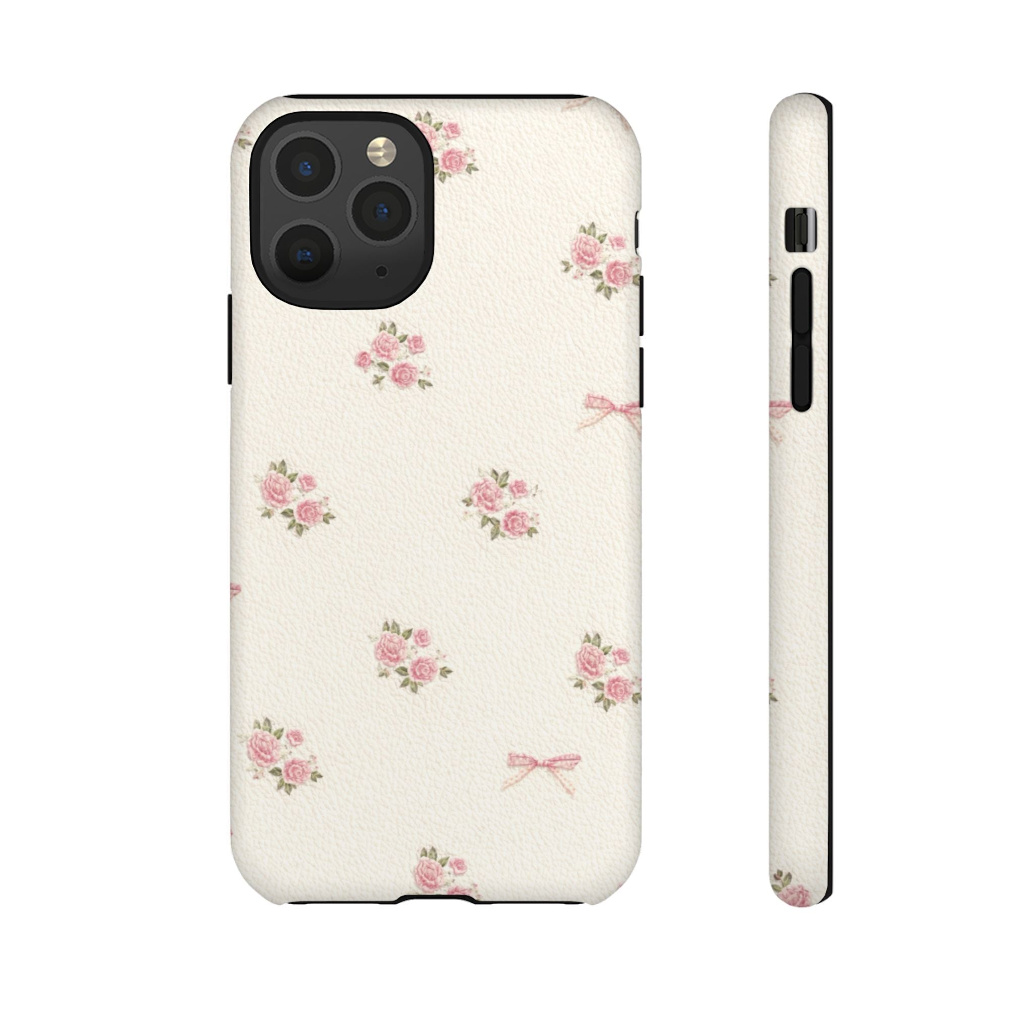 Floral Bow Tough Phone Case — Vintage Pink Rose Pattern🌷🎀