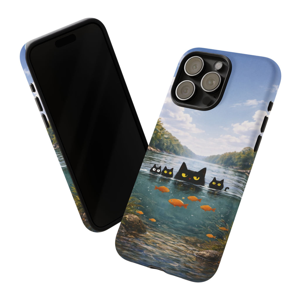 Cat Lake Tough Phone Case — Black Cats & Goldfish Scenic Protective Cover🐶🐾
