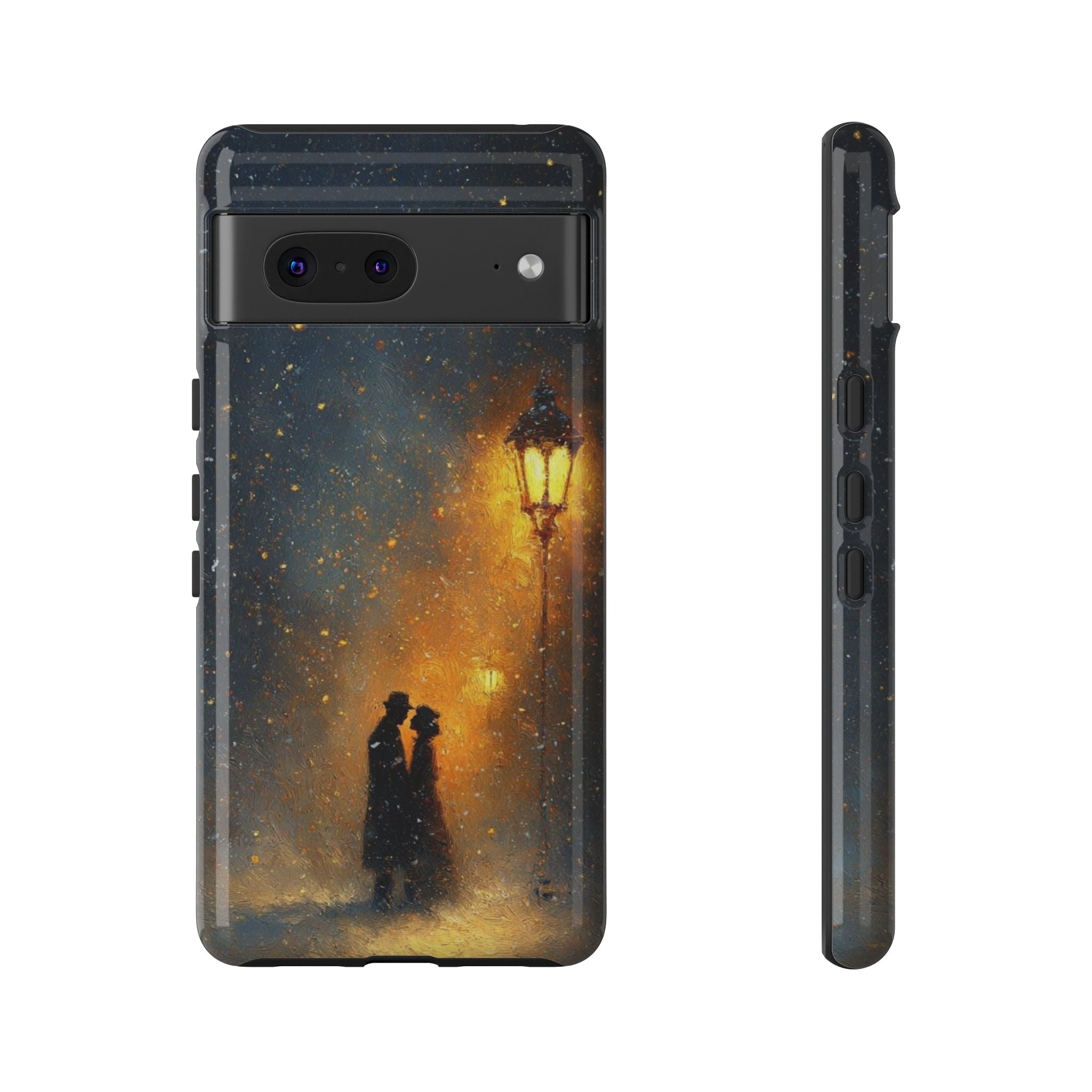 Romantic Snowy Street Phone Case — Vintage Couple Under Lamplight🌓🌙