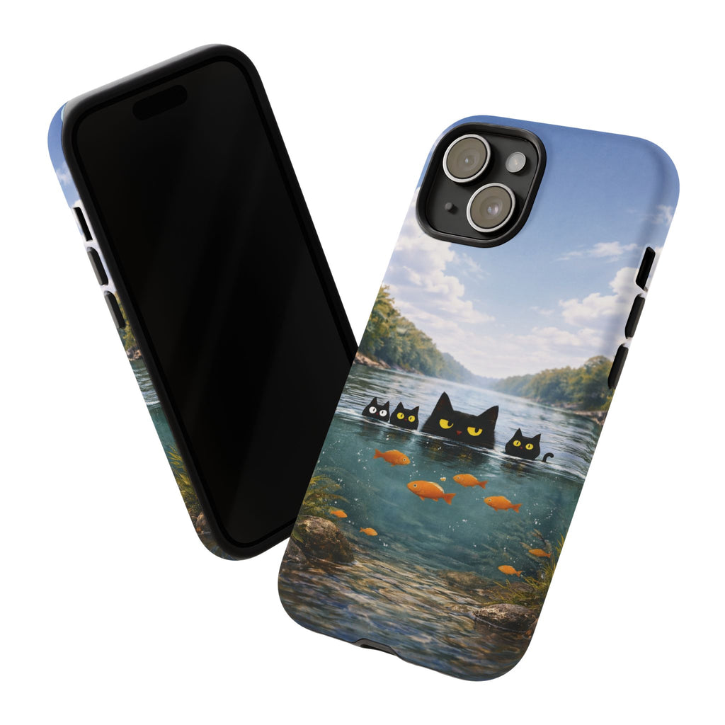 Cat Lake Tough Phone Case — Black Cats & Goldfish Scenic Protective Cover🐶🐾