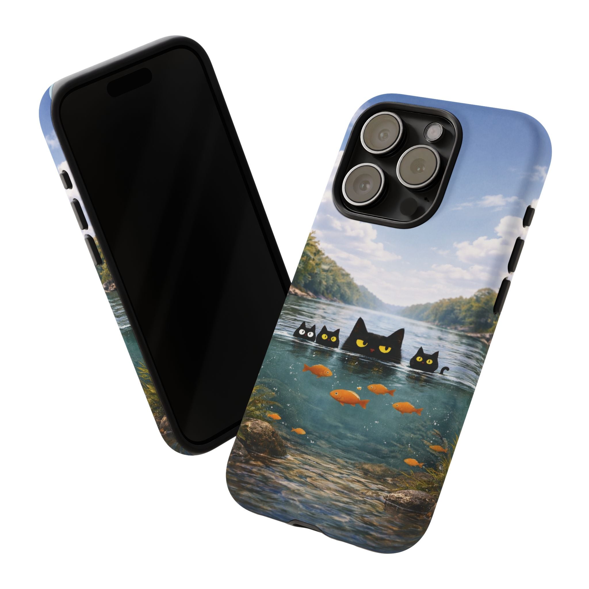 Cat Lake Tough Phone Case — Black Cats & Goldfish Scenic Protective Cover🐶🐾