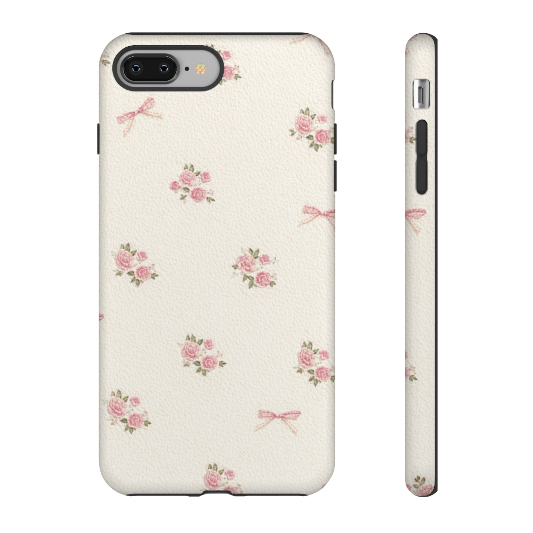 Floral Bow Tough Phone Case — Vintage Pink Rose Pattern🌷🎀