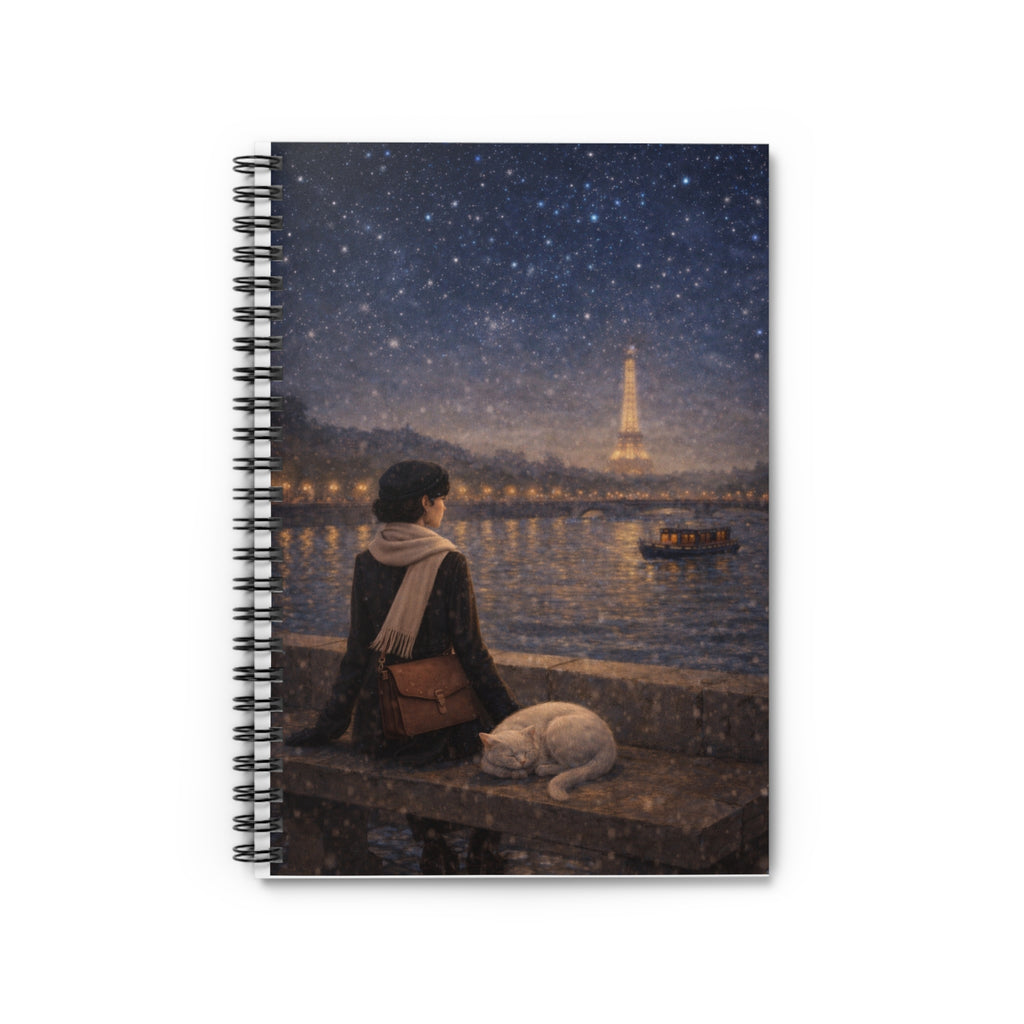 Paris Night Reverie Notebook — Vintage Woman & Cat | Old Money Parisian Journal (Spiral)