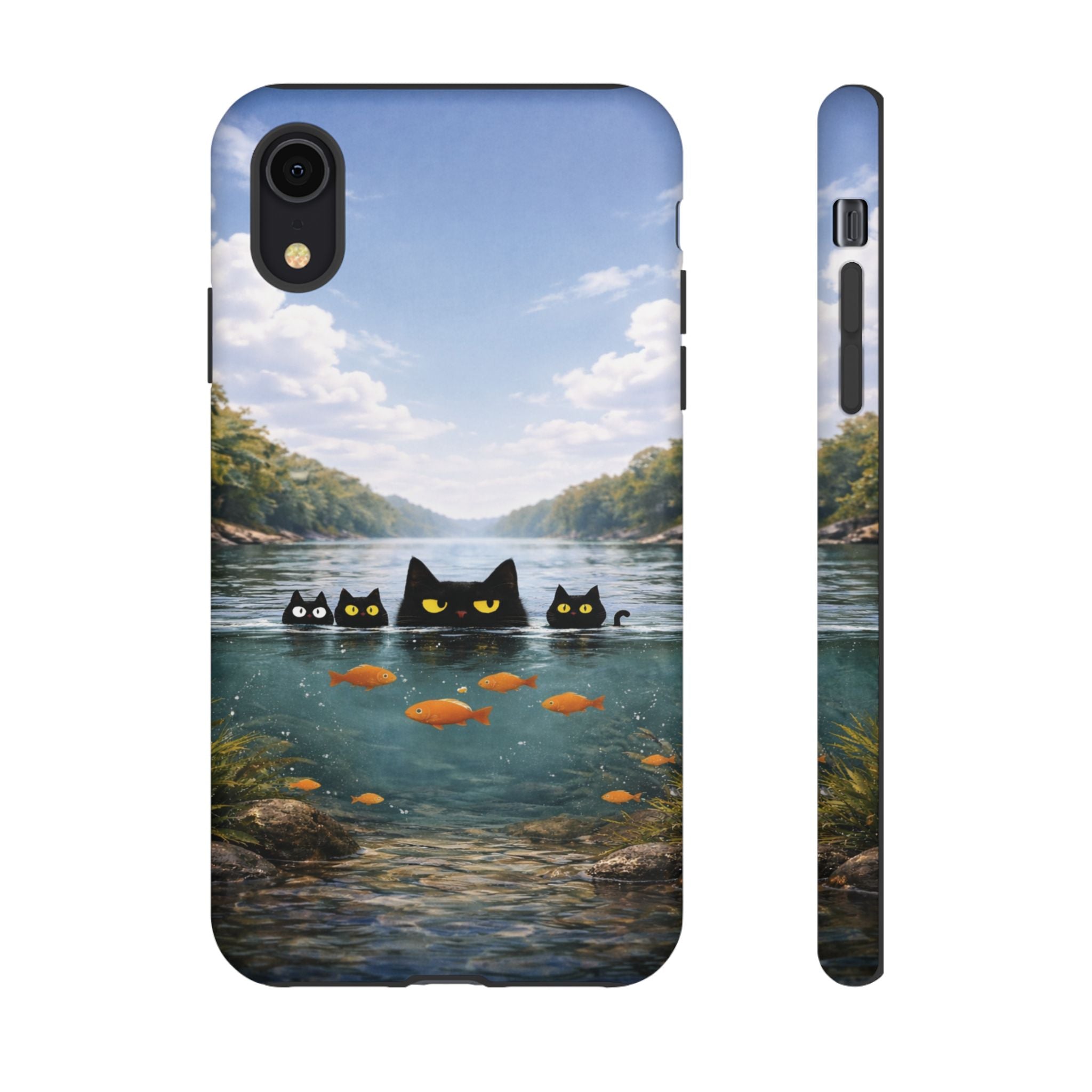 Cat Lake Tough Phone Case — Black Cats & Goldfish Scenic Protective Cover🐶🐾