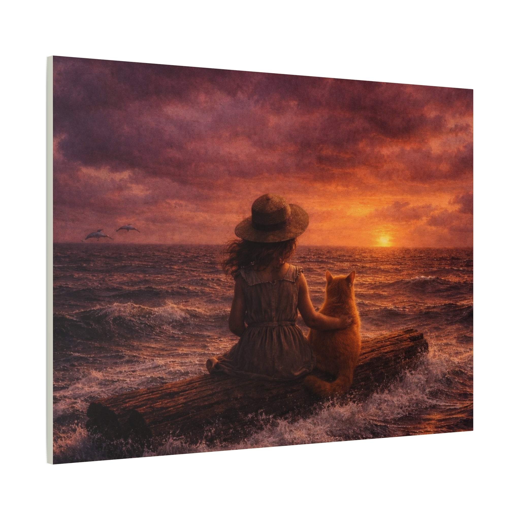 Quiet Companionship at Sunset – Girl & Cat Canvas Wall Art (Matte Stretched) 🌅