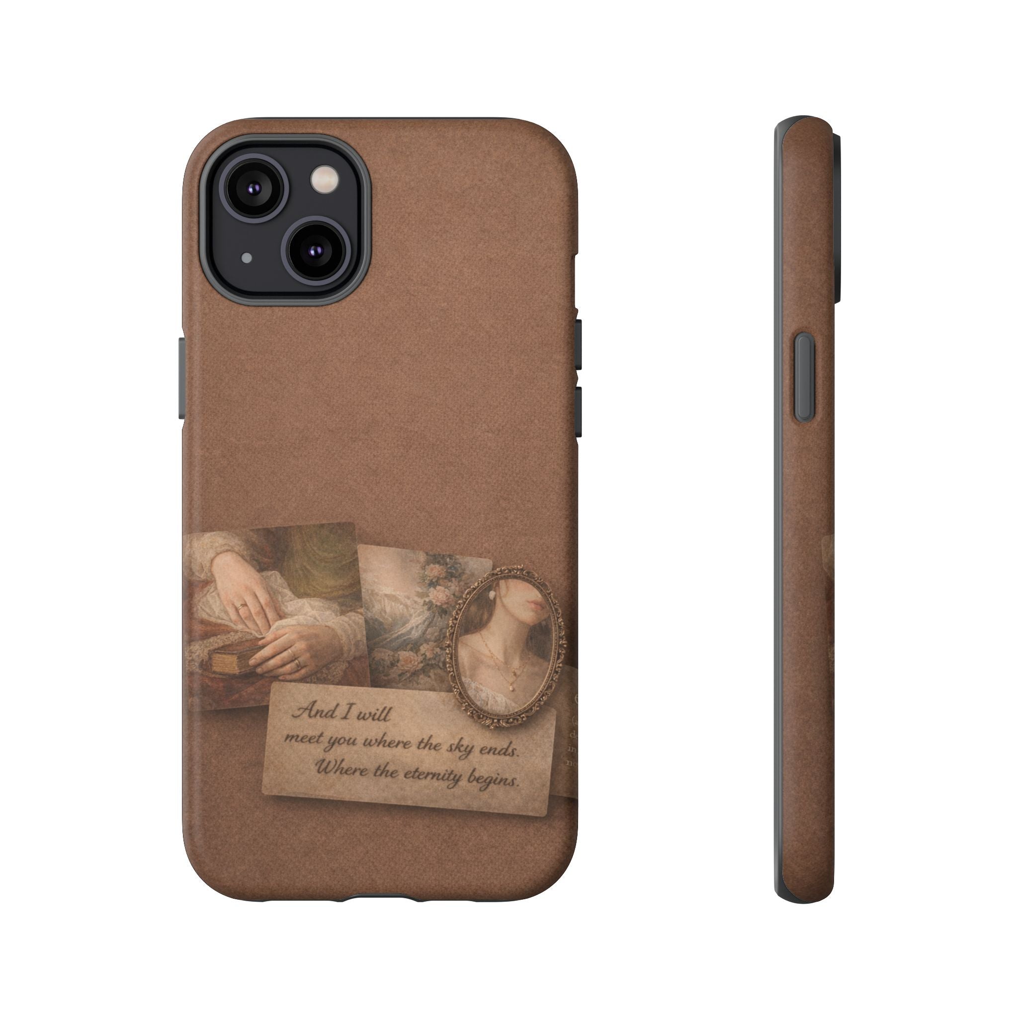 Vintage Brown Phone Case with Romantic Collage — "And I saw you where the sky ends"🌙