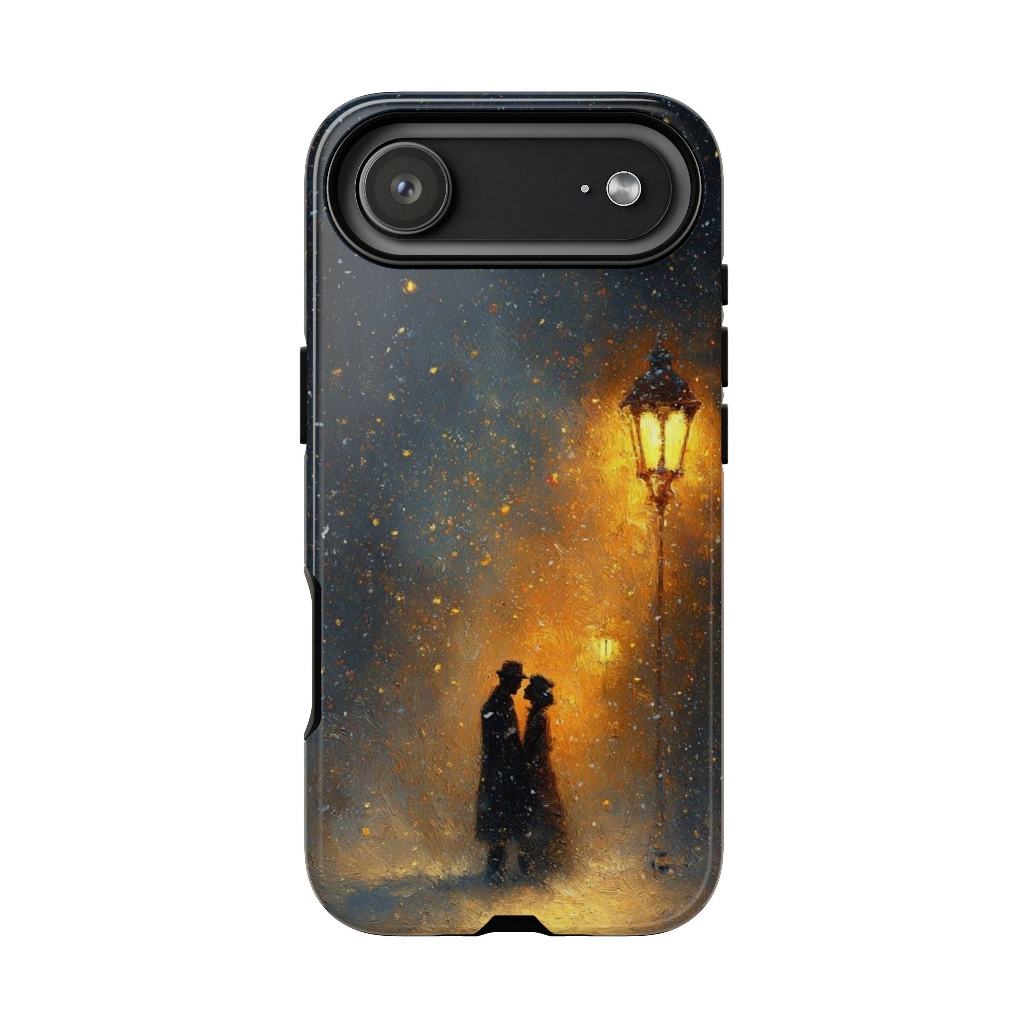 Romantic Snowy Street Phone Case — Vintage Couple Under Lamplight🌓🌙