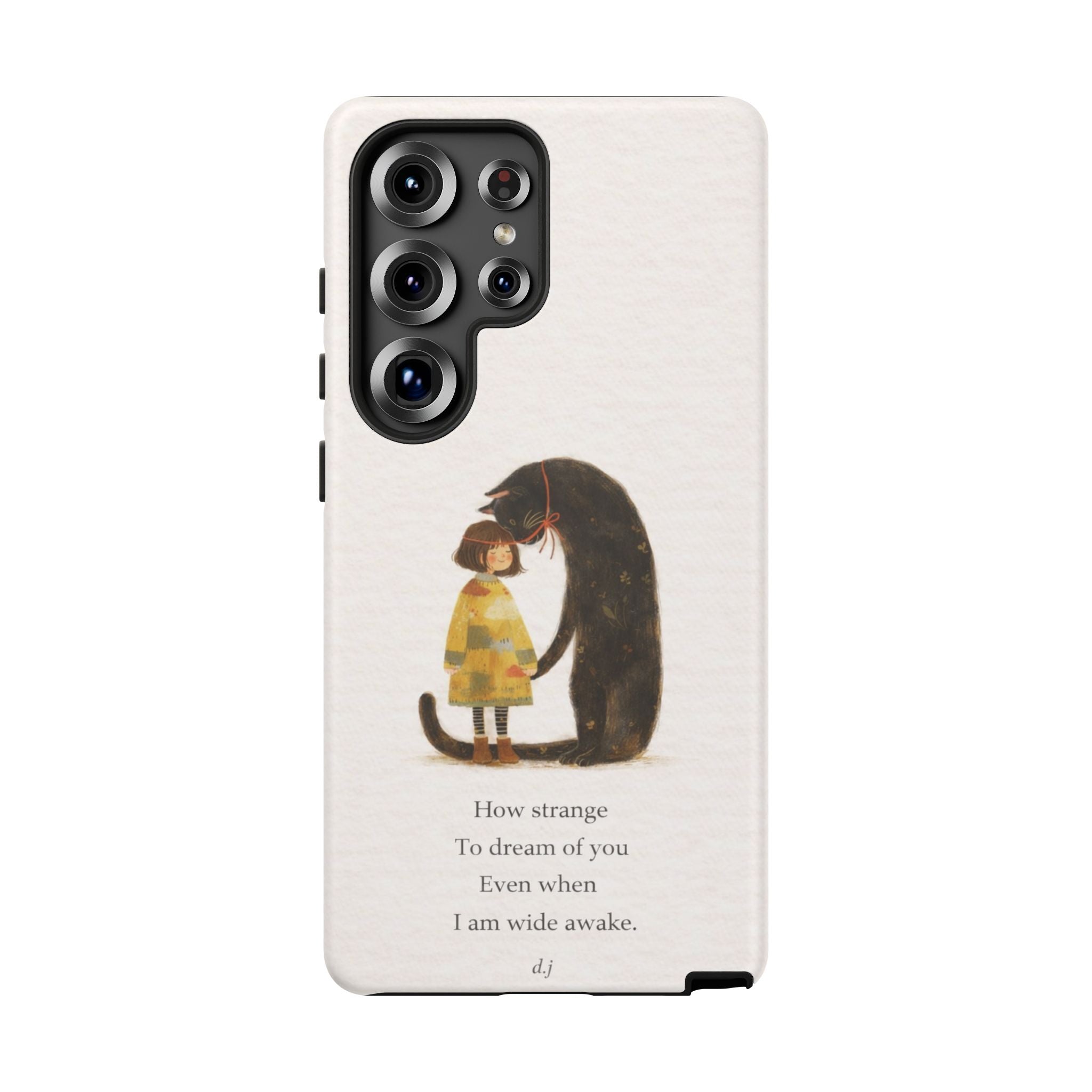 Phone Case — Whimsical Cat Embrace with Poem: "How strange to dream of you"👩‍💼🐈‍⬛