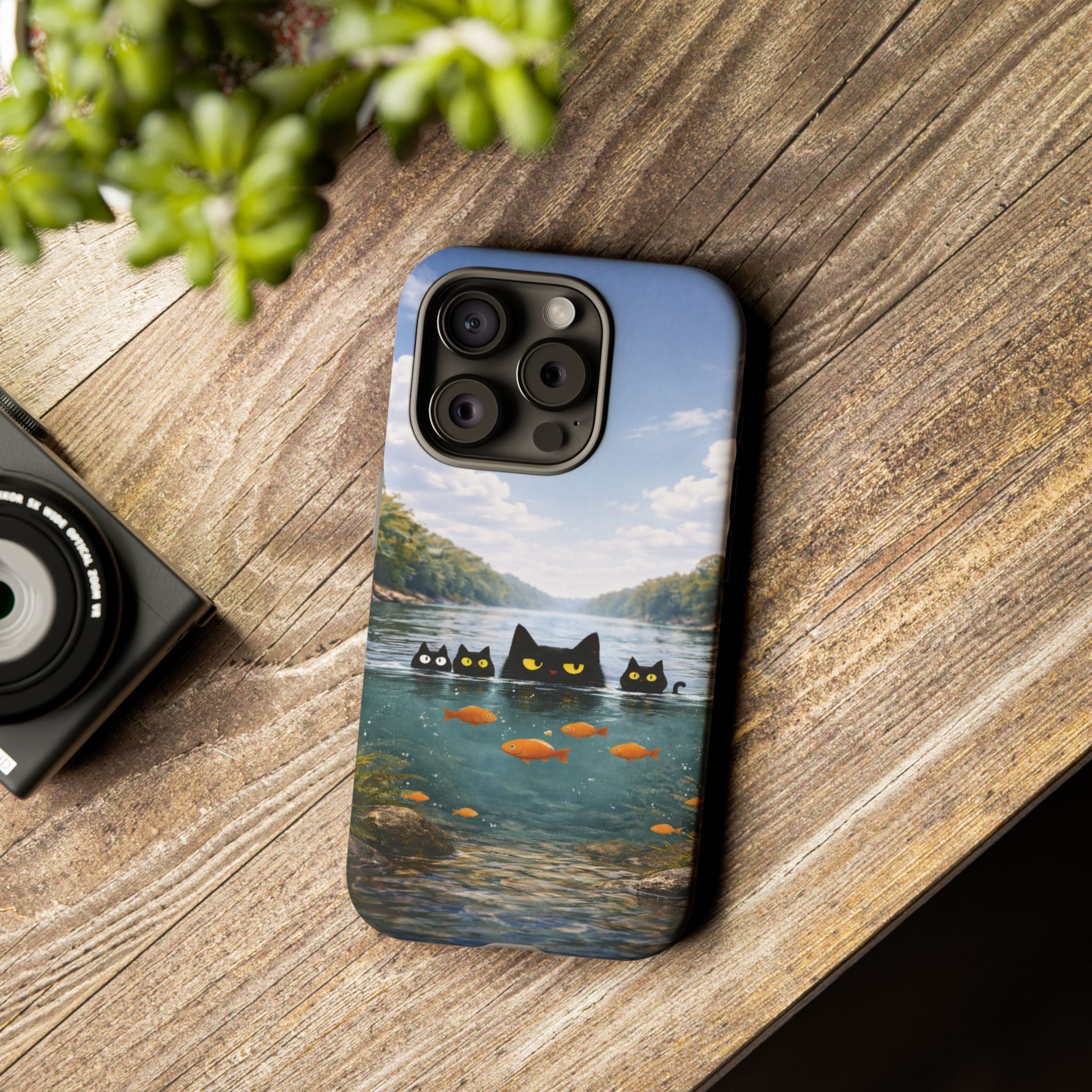 Cat Lake Tough Phone Case — Black Cats & Goldfish Scenic Protective Cover🐶🐾