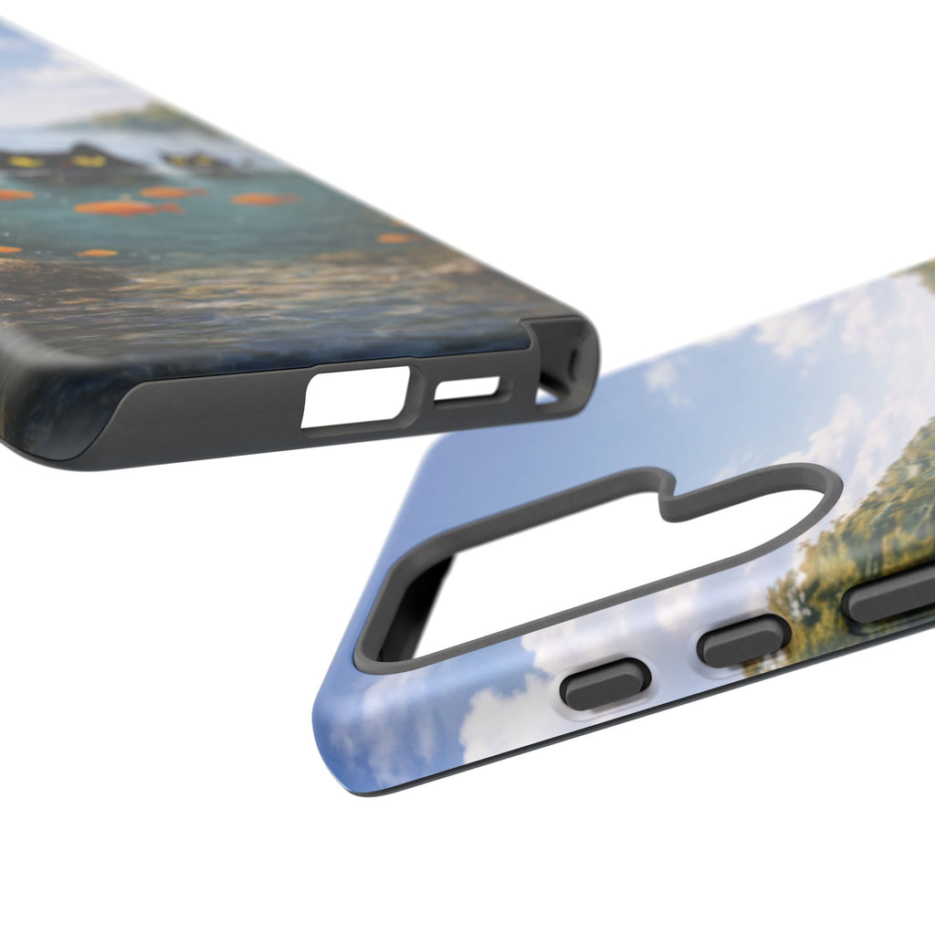 Cat Lake Tough Phone Case — Black Cats & Goldfish Scenic Protective Cover🐶🐾