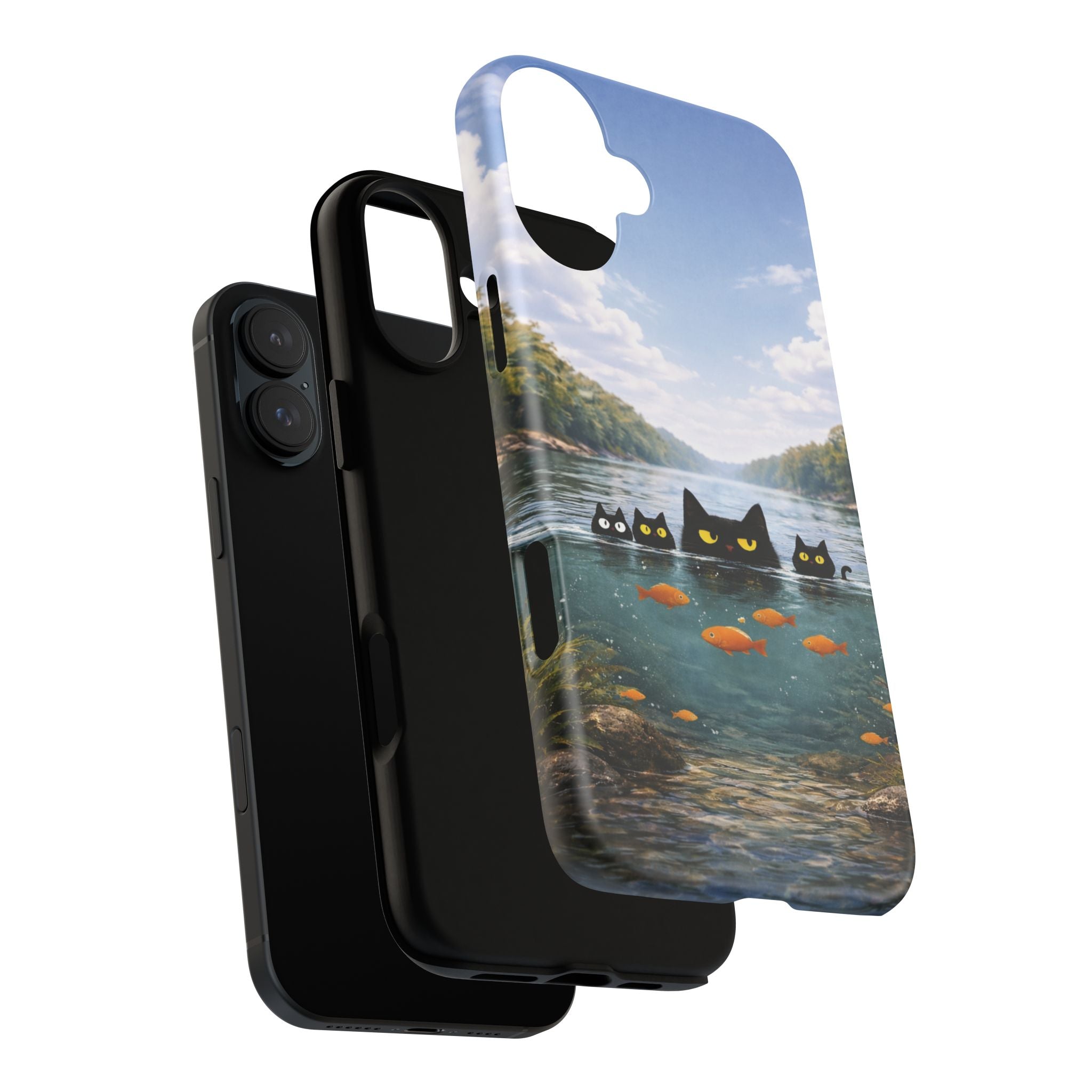 Cat Lake Tough Phone Case — Black Cats & Goldfish Scenic Protective Cover🐶🐾