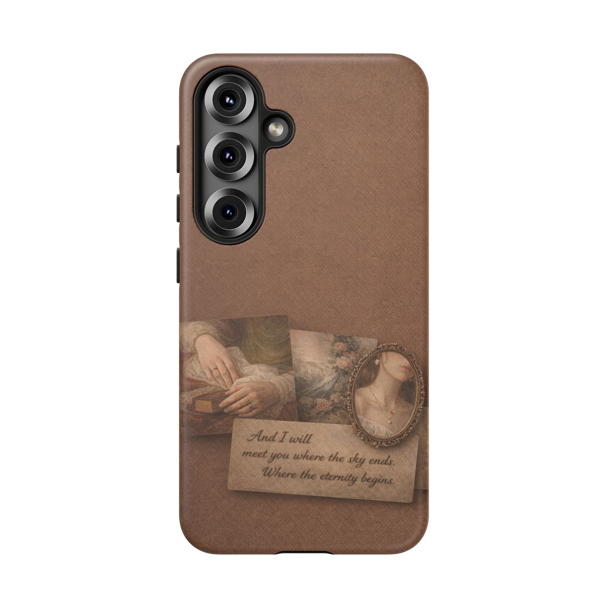 Vintage Brown Phone Case with Romantic Collage — "And I saw you where the sky ends"🌙