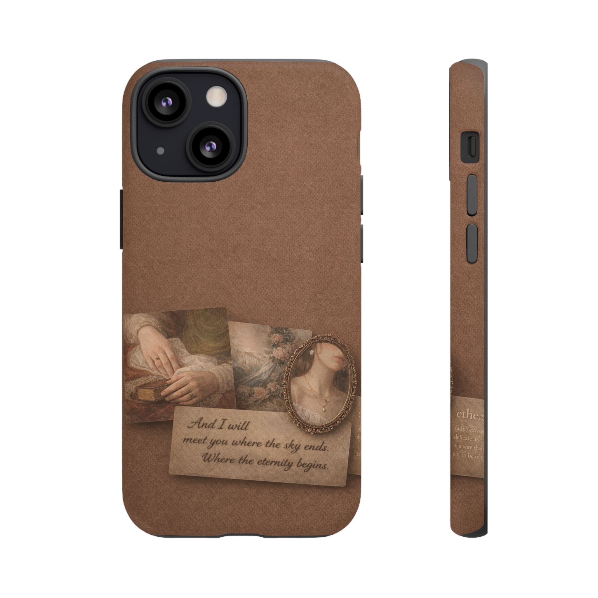 Vintage Brown Phone Case with Romantic Collage — "And I saw you where the sky ends"🌙