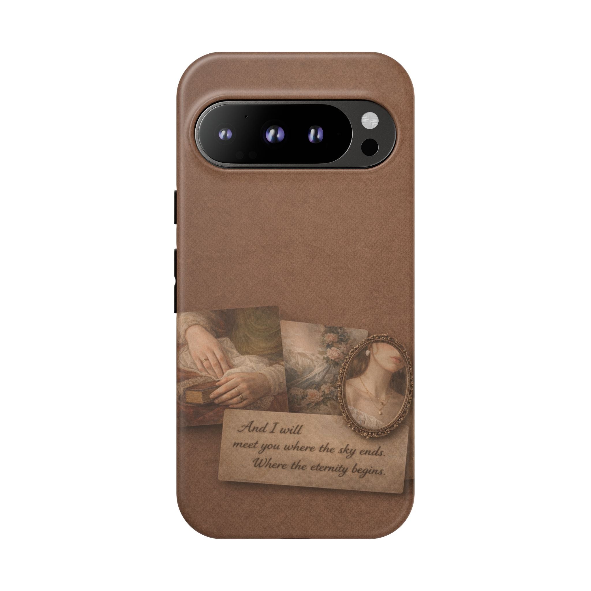 Vintage Brown Phone Case with Romantic Collage — "And I saw you where the sky ends"🌙