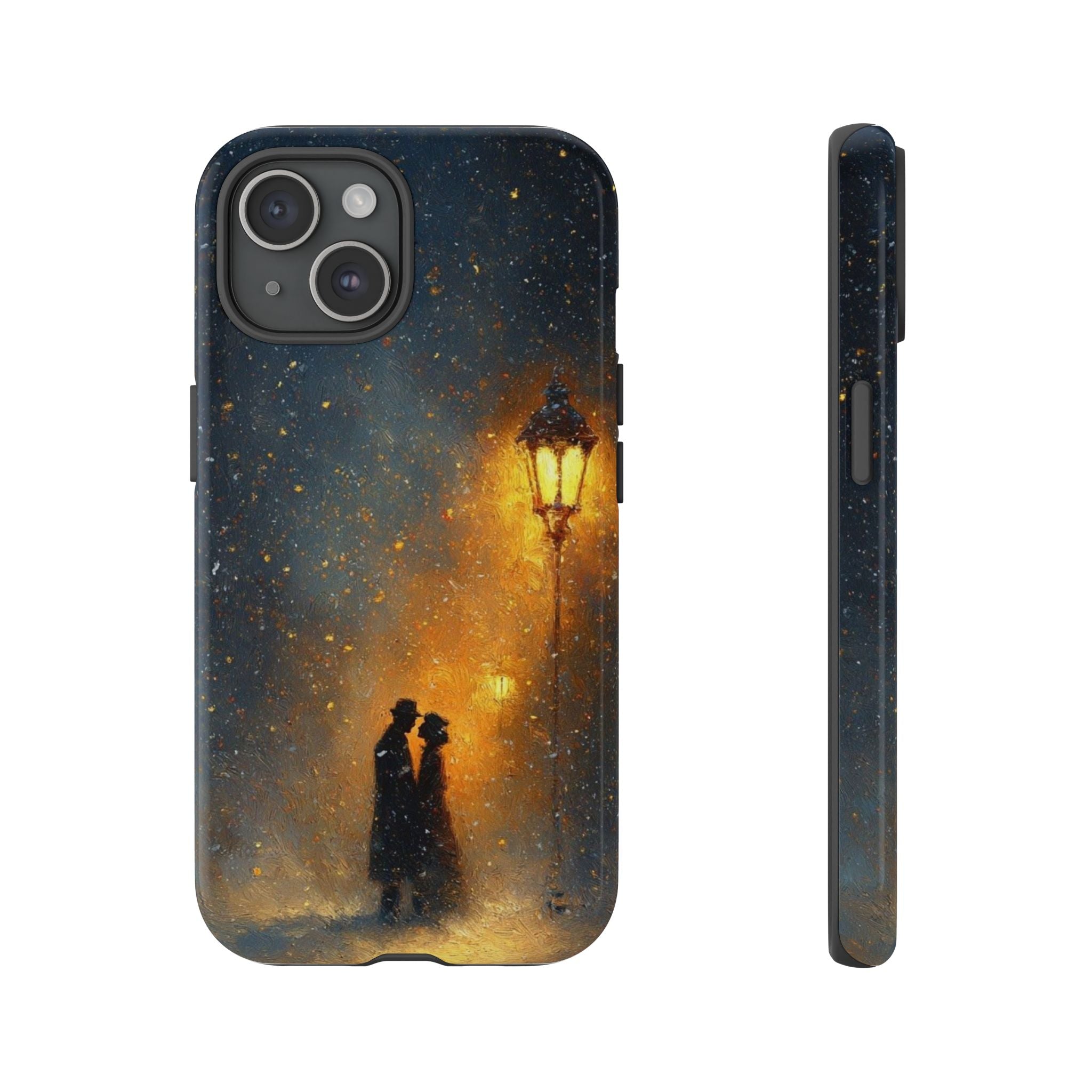 Romantic Snowy Street Phone Case — Vintage Couple Under Lamplight🌓🌙