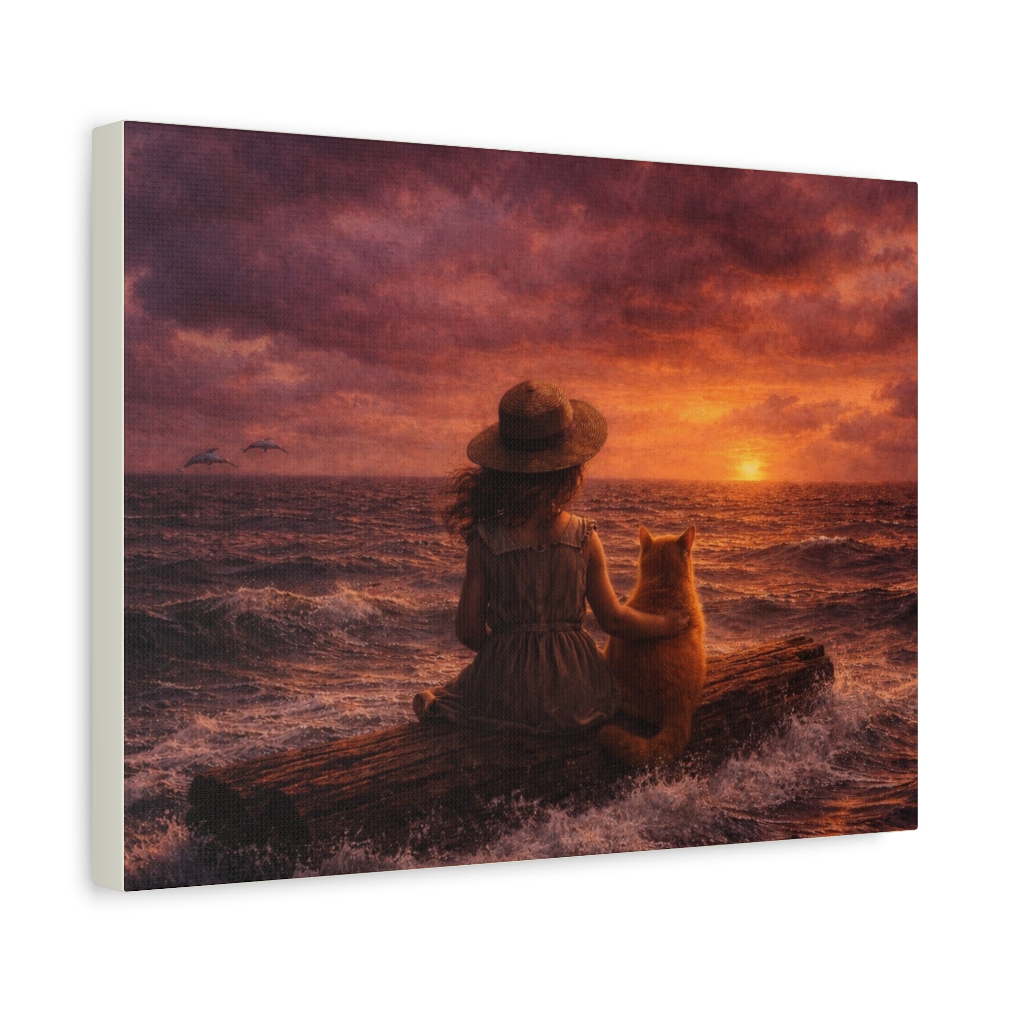 Quiet Companionship at Sunset – Girl & Cat Canvas Wall Art (Matte Stretched) 🌅