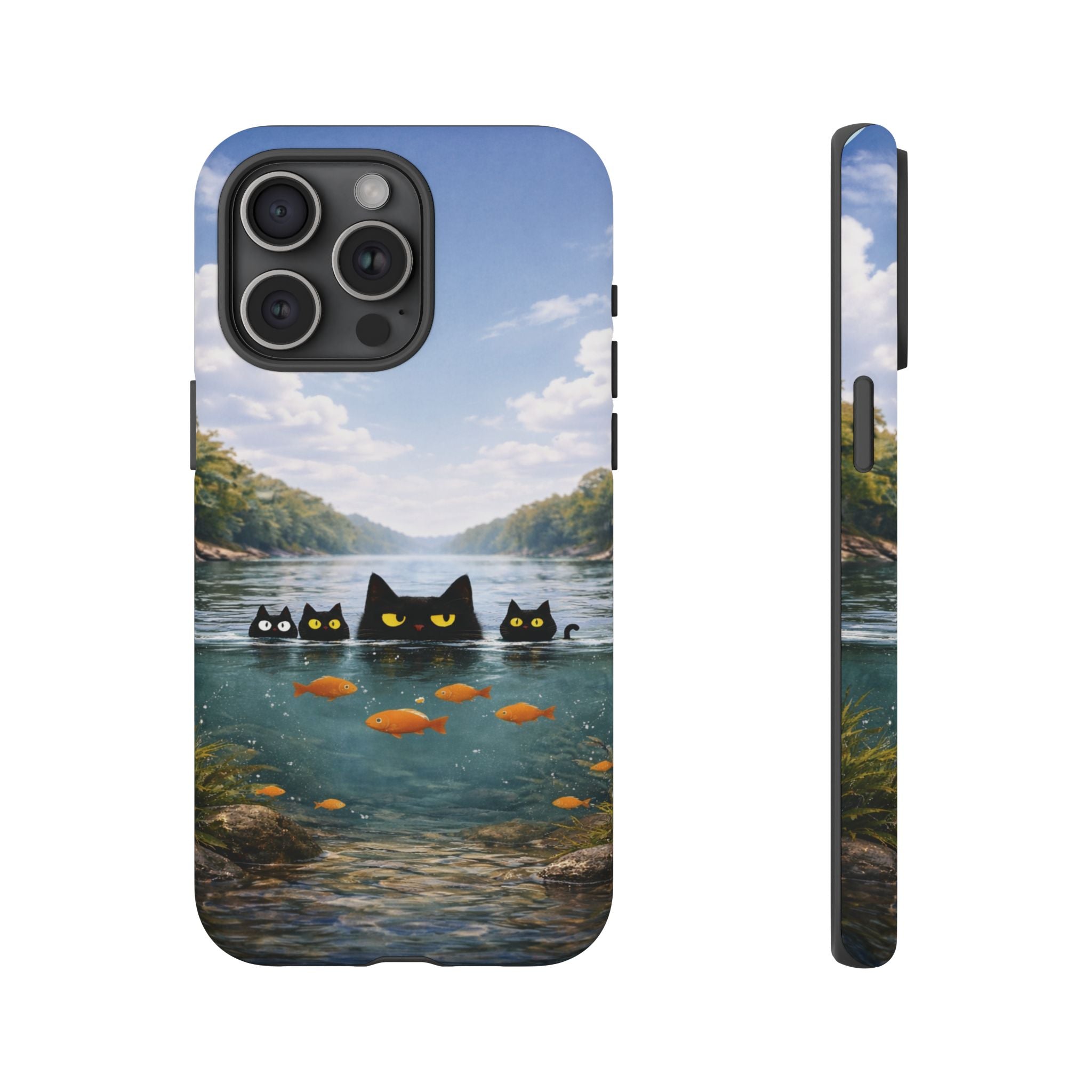 Cat Lake Tough Phone Case — Black Cats & Goldfish Scenic Protective Cover🐶🐾