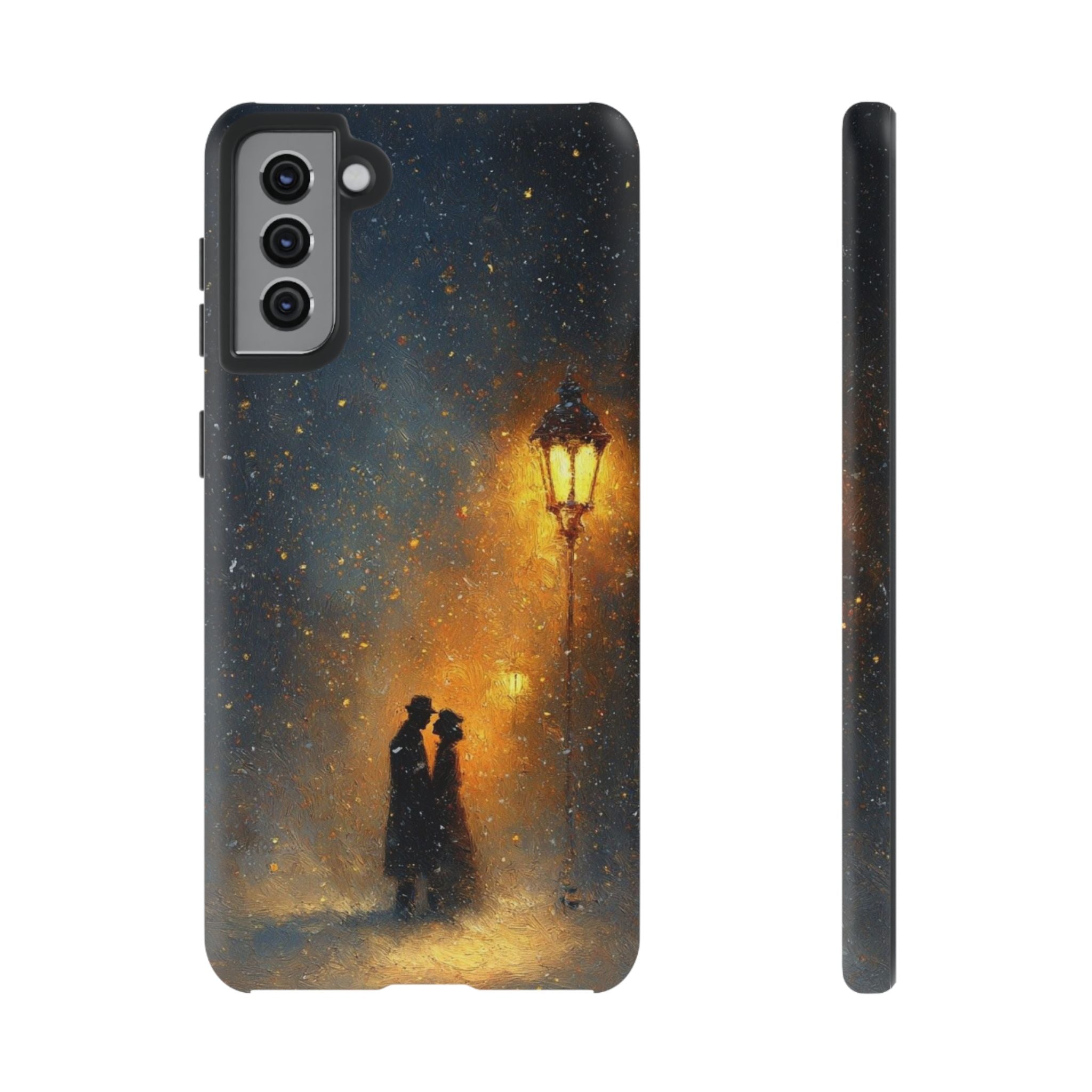 Romantic Snowy Street Phone Case — Vintage Couple Under Lamplight🌓🌙