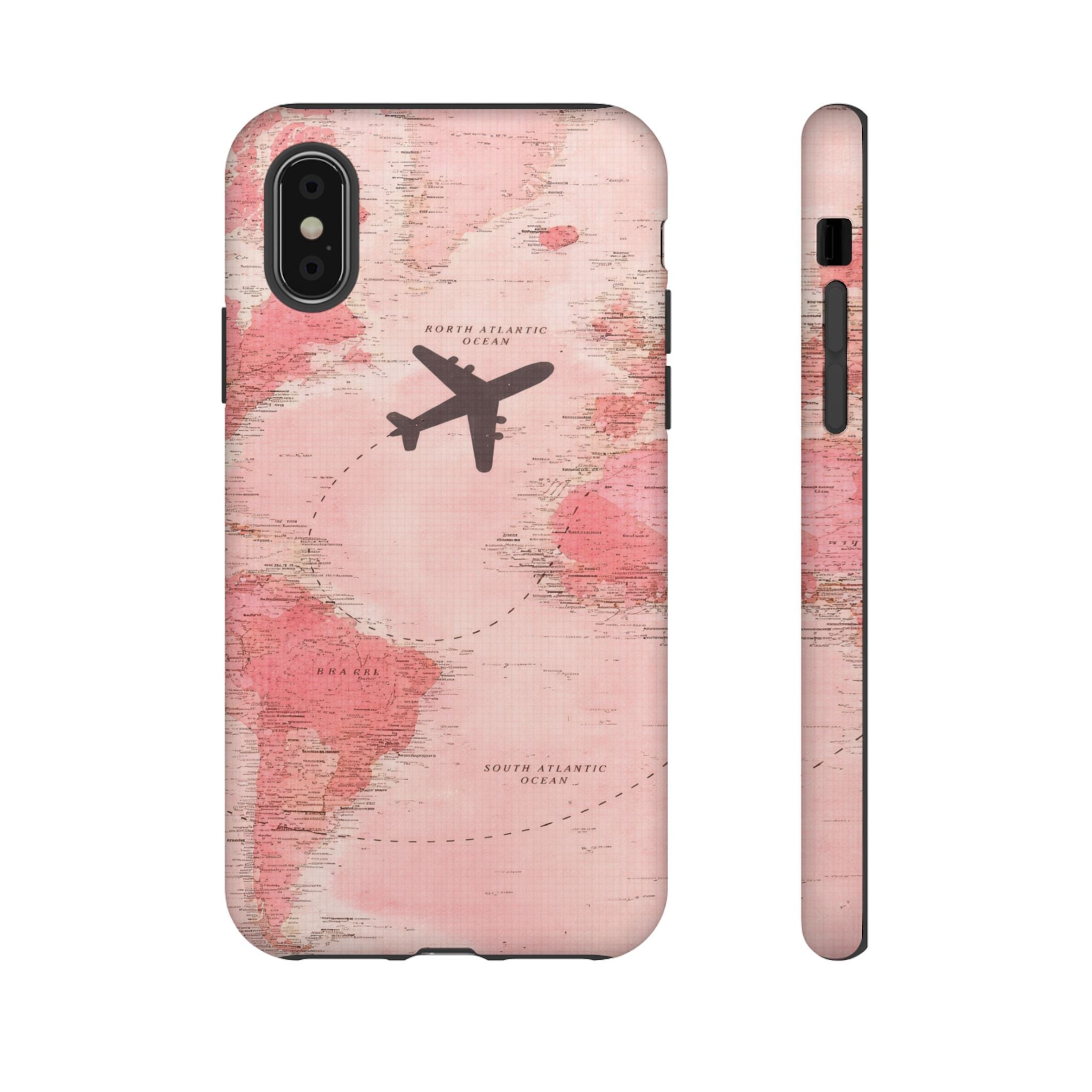 Pink World Map Phone Case with Airplane Silhouette – Travel Passport Case🎀✈️
